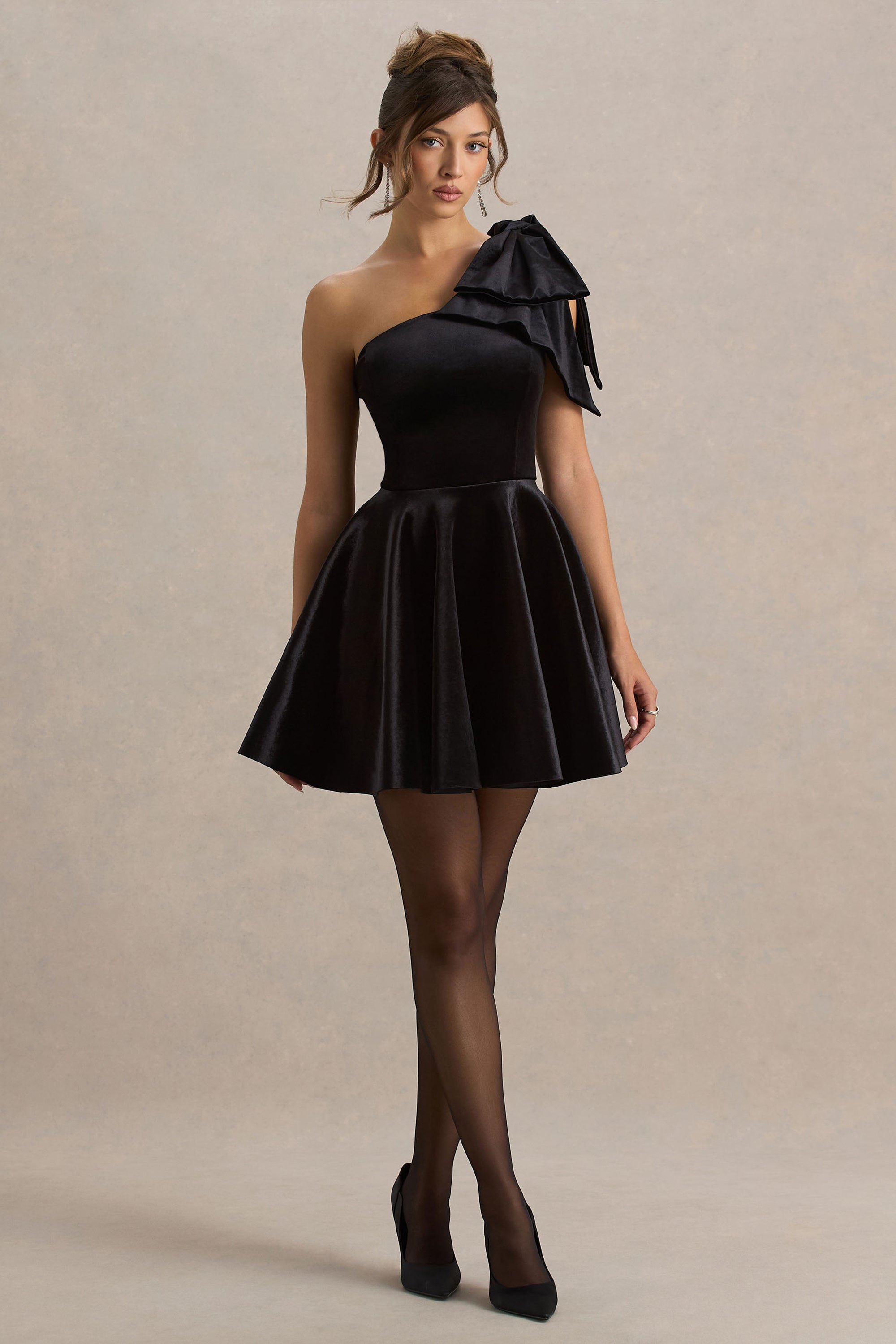 Keeley Asymmetric Neck Velvet Mini Dress Bow Detail