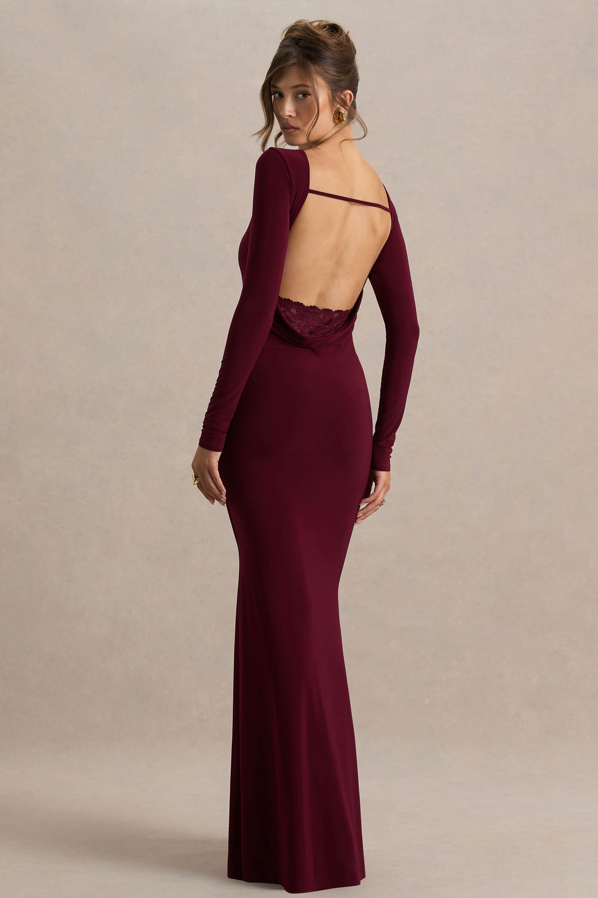 Estelle Burgundy Boat-Neck Maxi Dress With Open-Back And Lace Detail Club L London - UK Estelle Burgundy Boat-Neck Maxi Dress With Open-Back And Lace Detail Club L London - UK