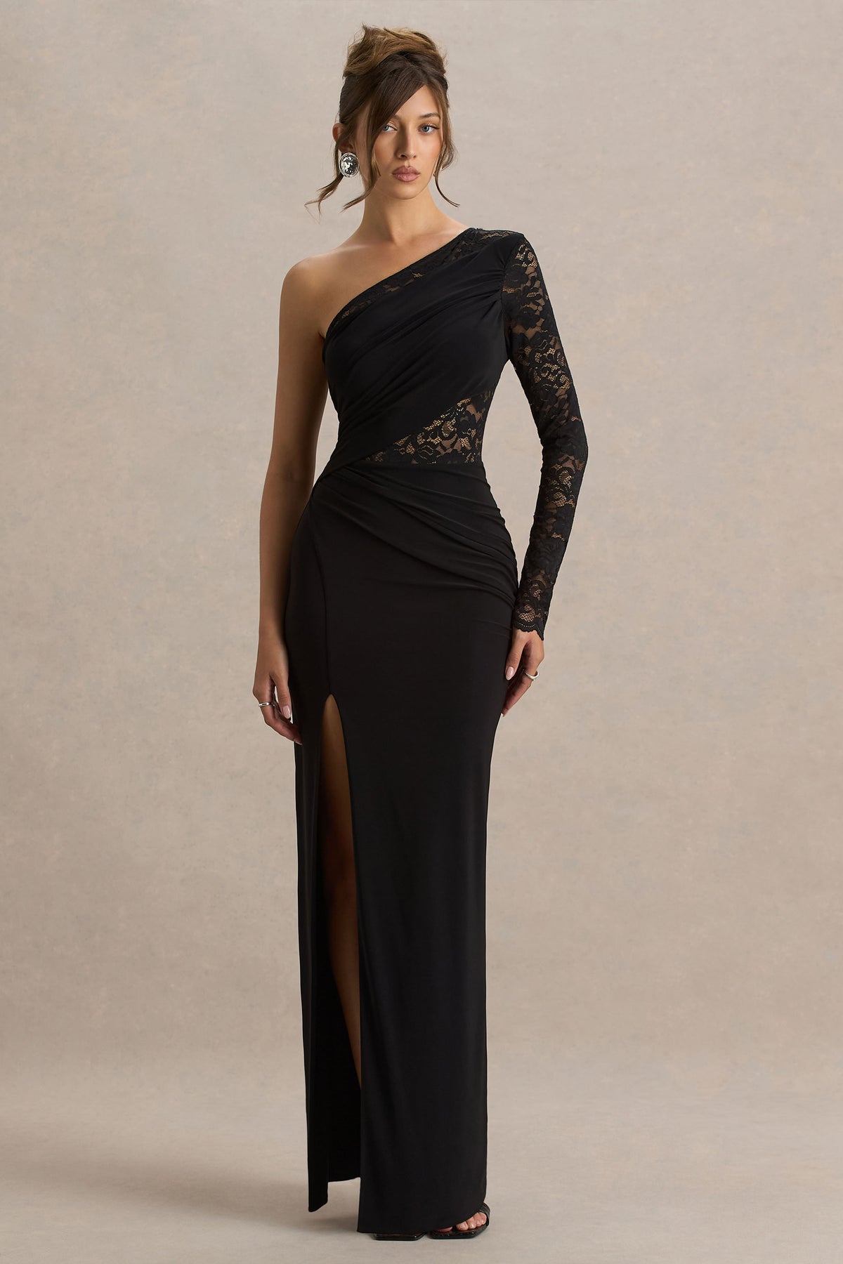Melody Black Asymmetric-Neck Maxi Dress With Lace Detailing And Fron Club L London - UK Melody Black Asymmetric-Neck Maxi Dress With Lace Detailing And Fron Club L London - UK