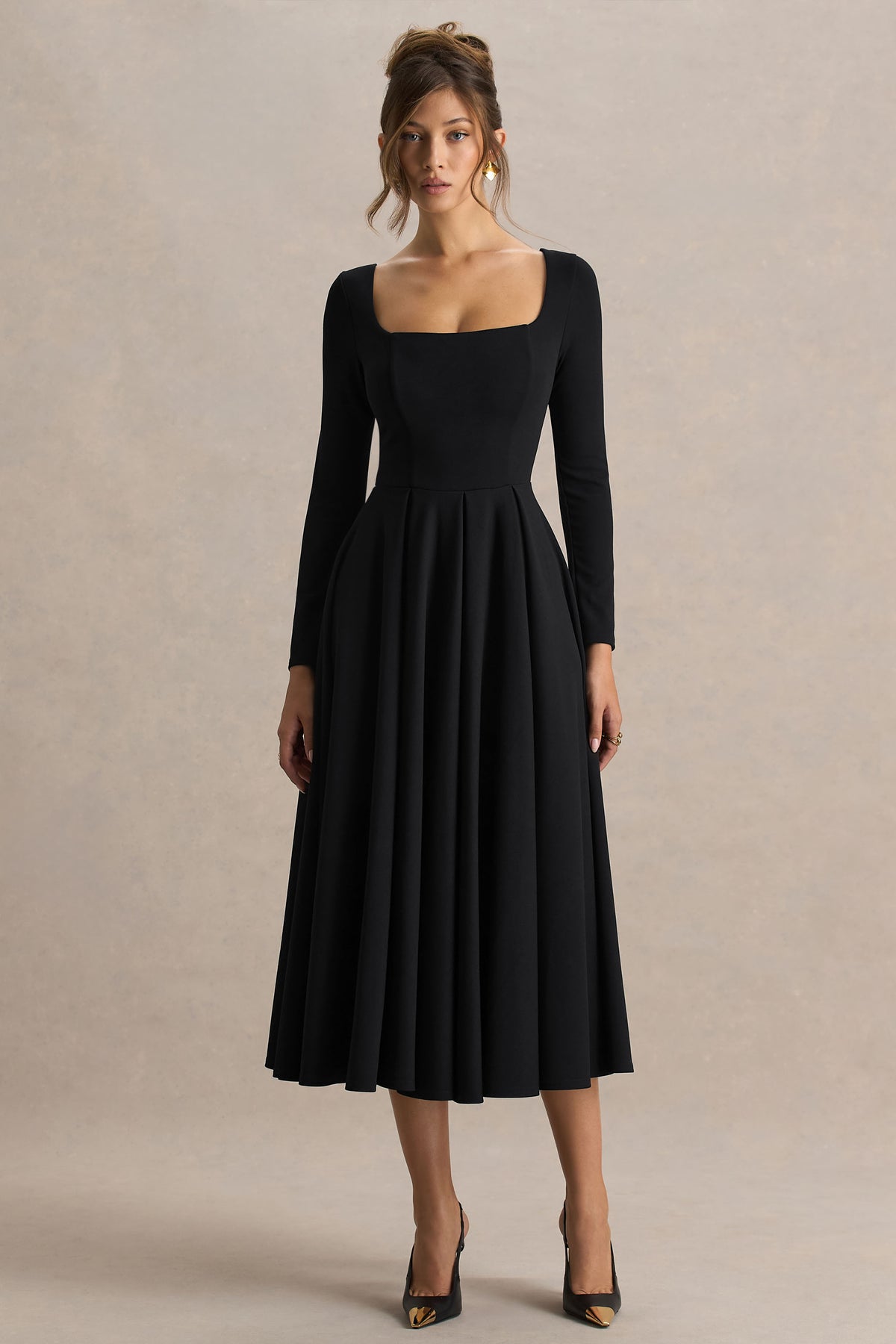 Alison Black Square-Neck A-Line Midi Dress Club L London - UK Alison Black Square-Neck A-Line Midi Dress Club L London - UK