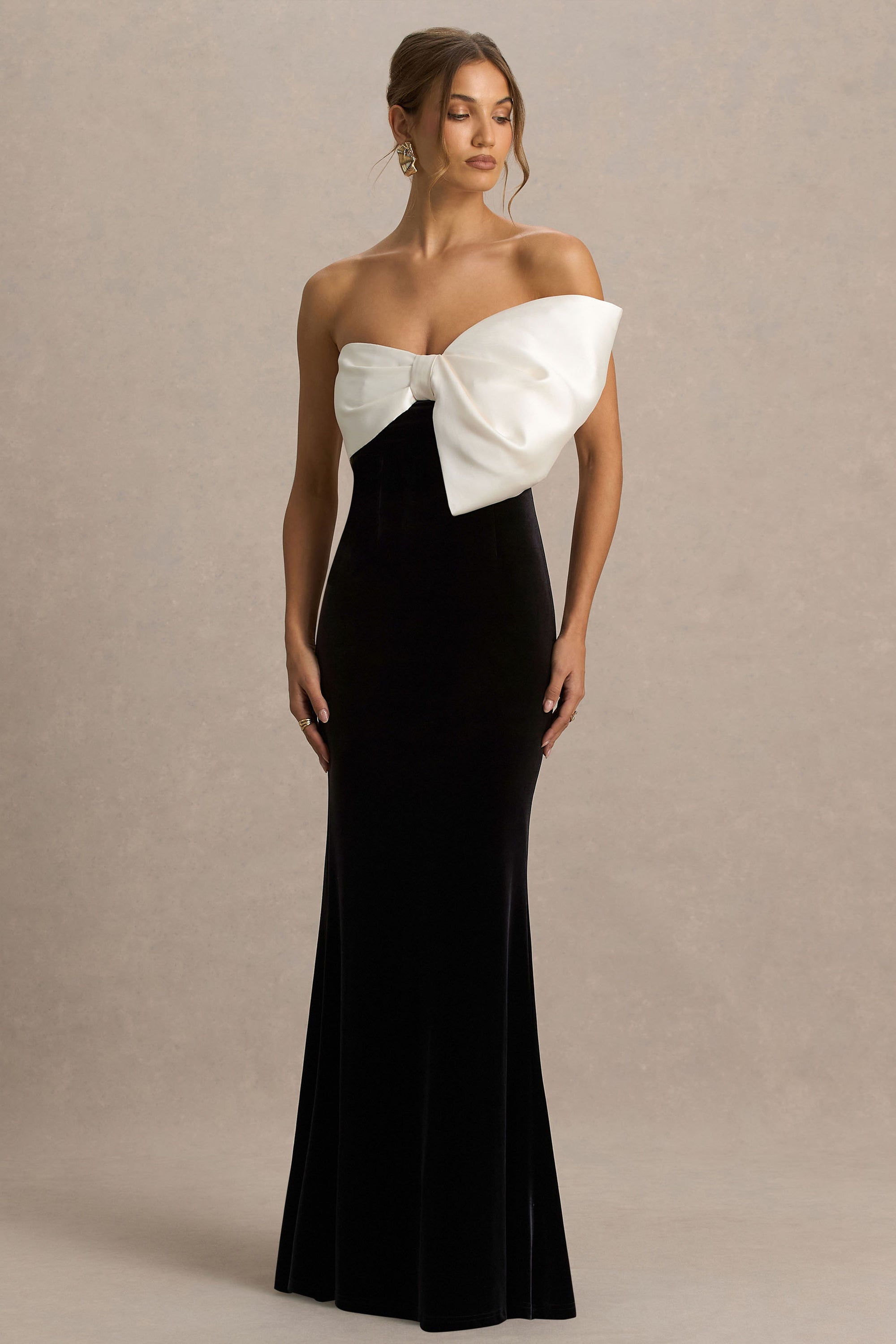 black and white maxi dress uk Divulge | Black And White Velvet Asymmetric-Neck Maxi Dress With Bow D Club L London