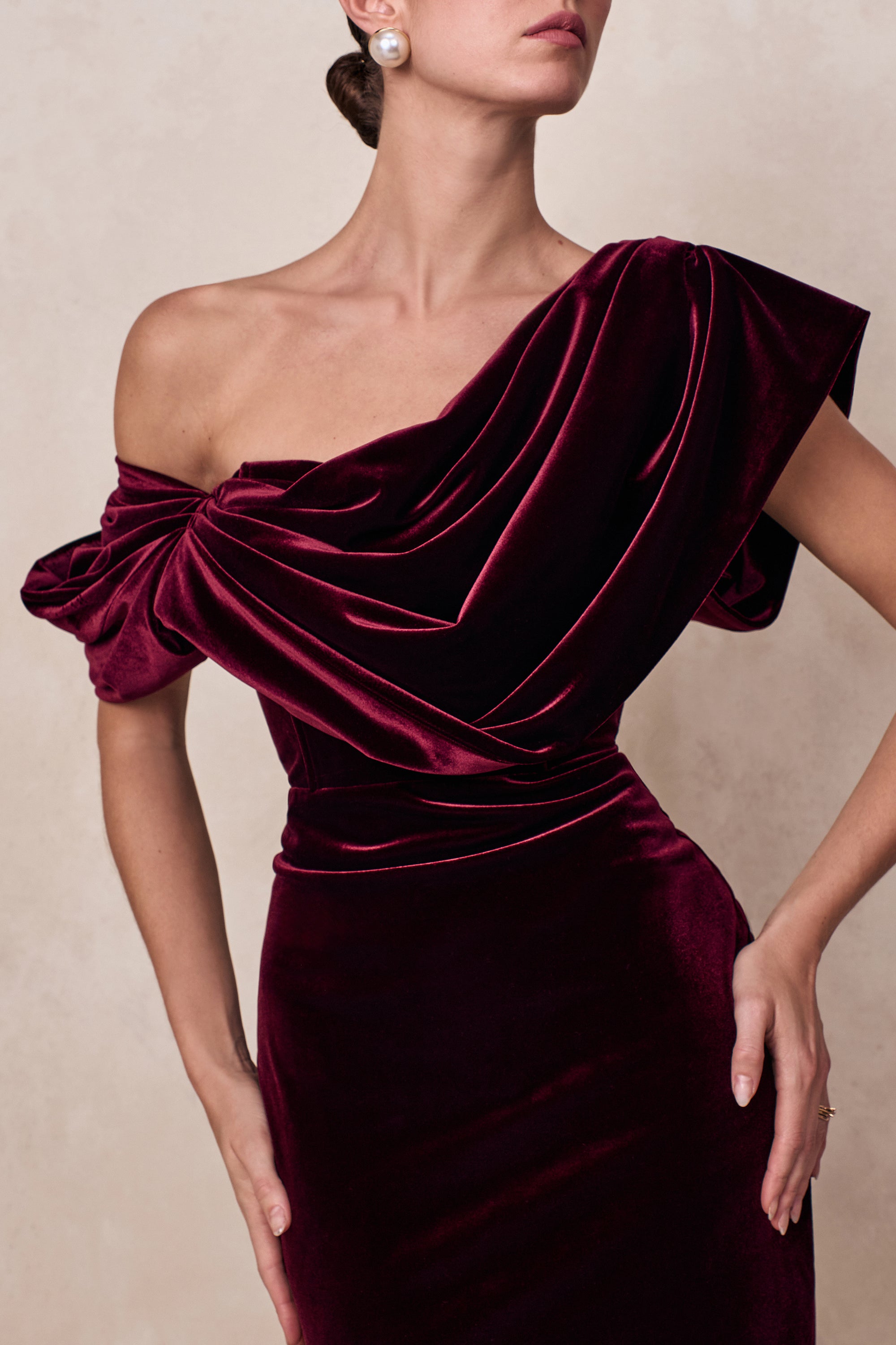 club l london red velvet dress Cecily | Port Velvet Bardot Maxi Dress With Velvet Ruffle Trim  Club L  London