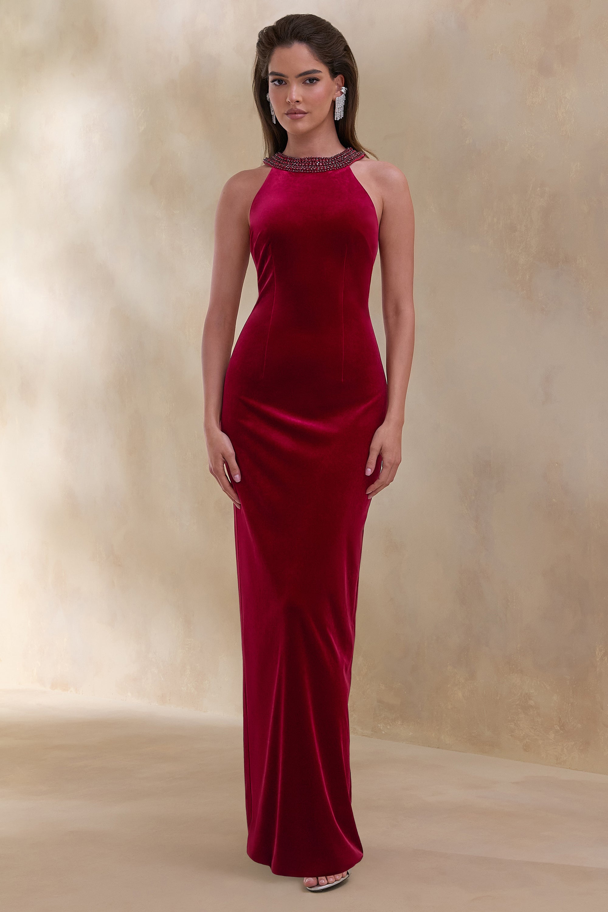 Darya | Burgundy Velvet Embellished High-Neck Maxi Dress – Club L London