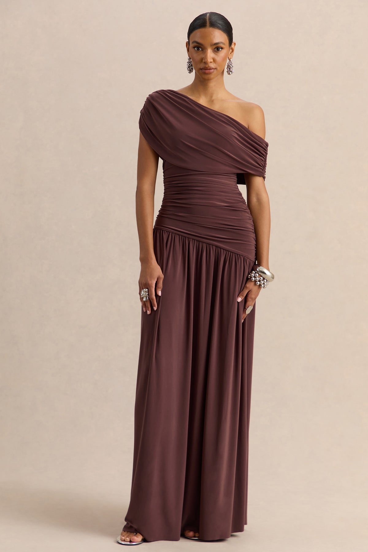Emberly Brown Draped Asymmetric-Neck Maxi Dress With Drop-Waist  Club L  London - UK