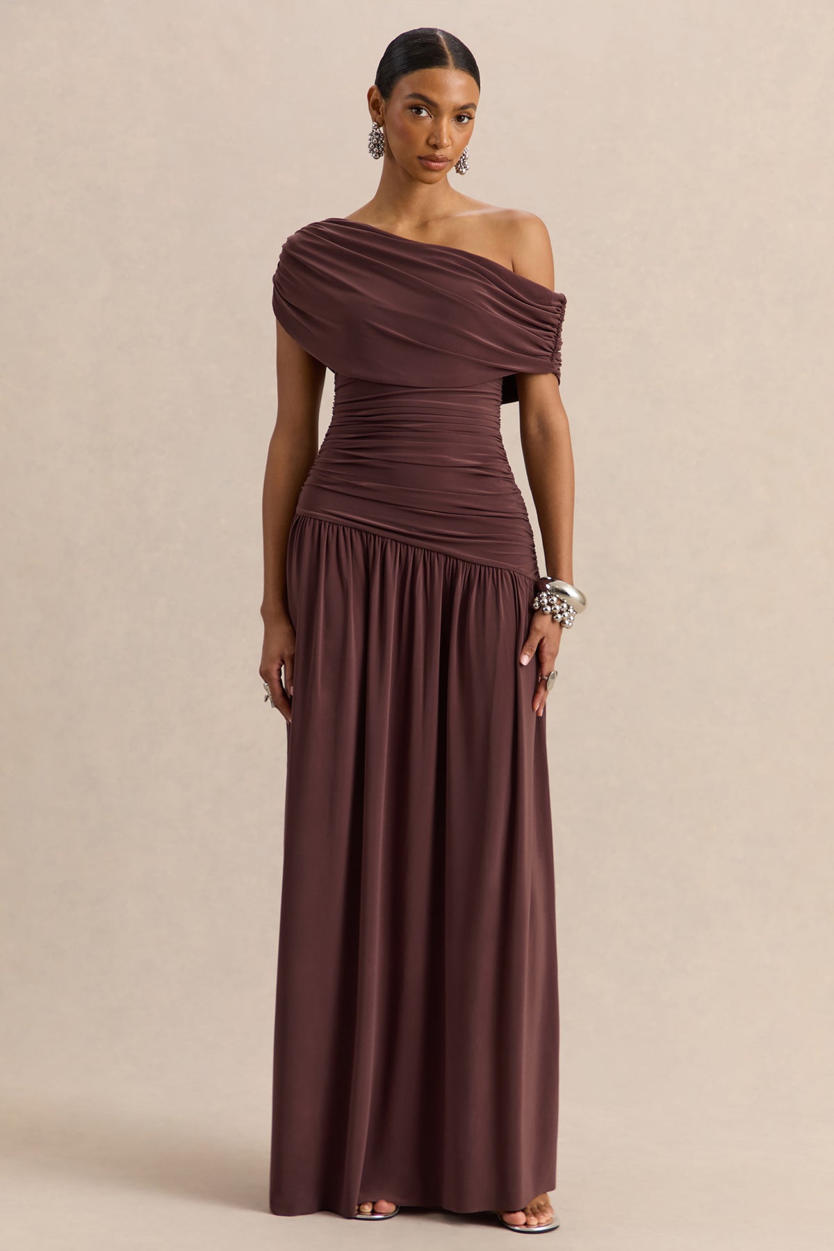 Emberly Brown Draped Asymmetric-Neck Maxi Dress With Drop-Waist Club L London - UK Emberly Brown Draped Asymmetric-Neck Maxi Dress With Drop-Waist Club L London - UK