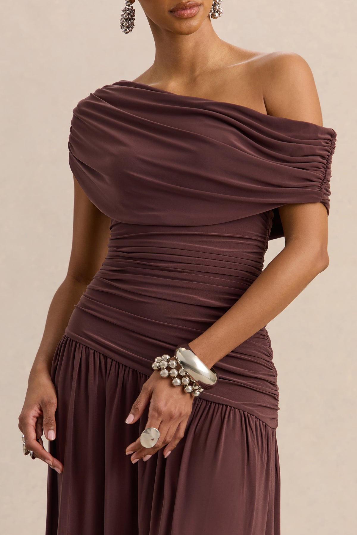 Emberly Brown Draped Asymmetric-Neck Maxi Dress With Drop-Waist  Club L  London - UK
