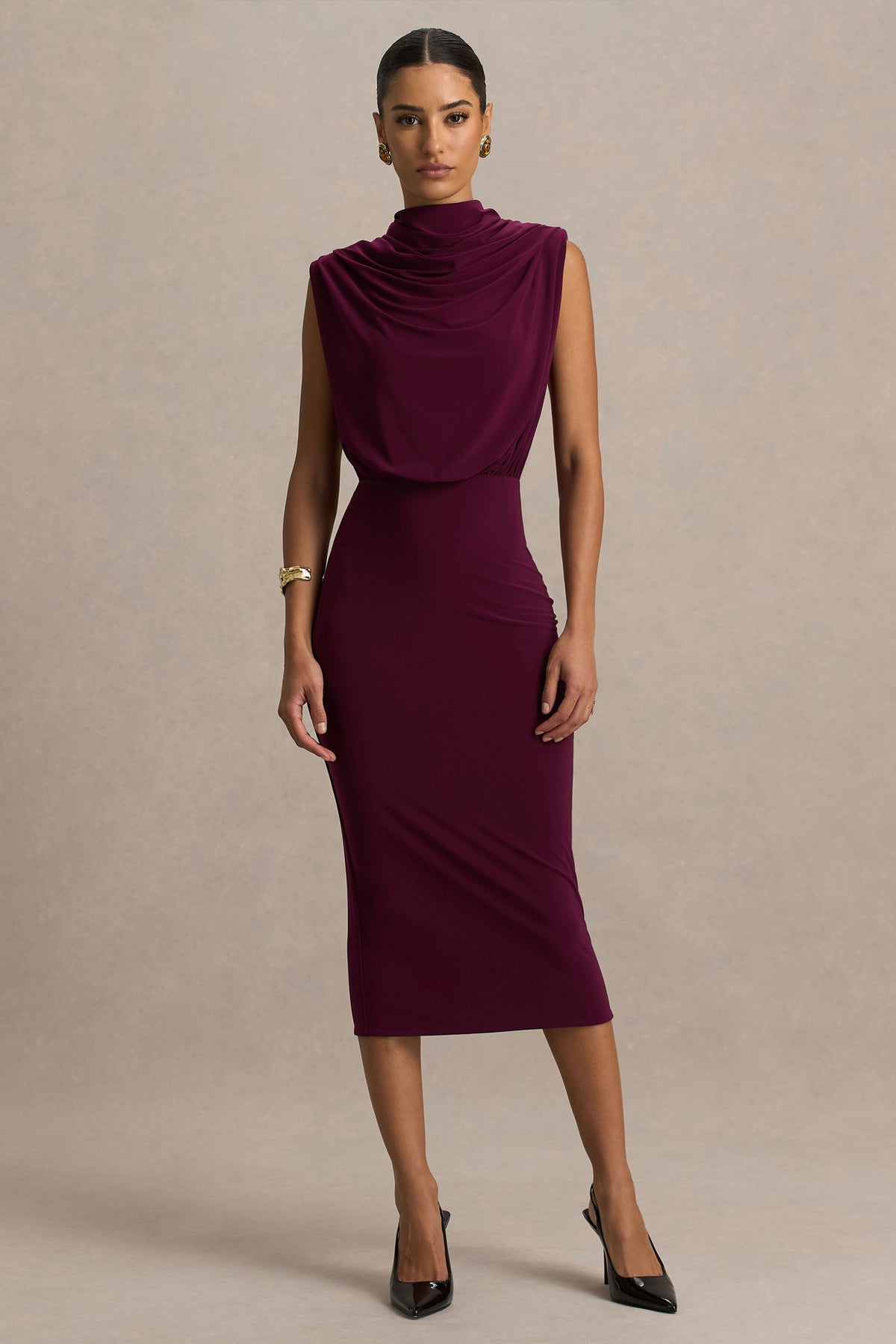 Hermia Burgundy High-Neck Midi Dress Club L London - UK Hermia Burgundy High-Neck Midi Dress Club L London - UK