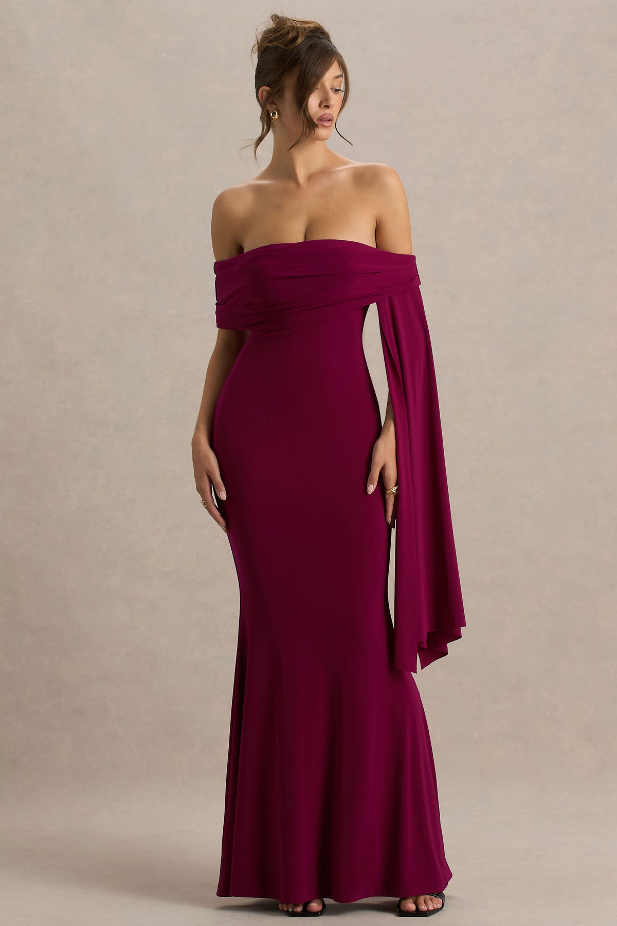 Saffina Burgundy Bardot-Neck Maxi Dress With Sash Detail Club L London - UK Saffina Burgundy Bardot-Neck Maxi Dress With Sash Detail Club L London - UK