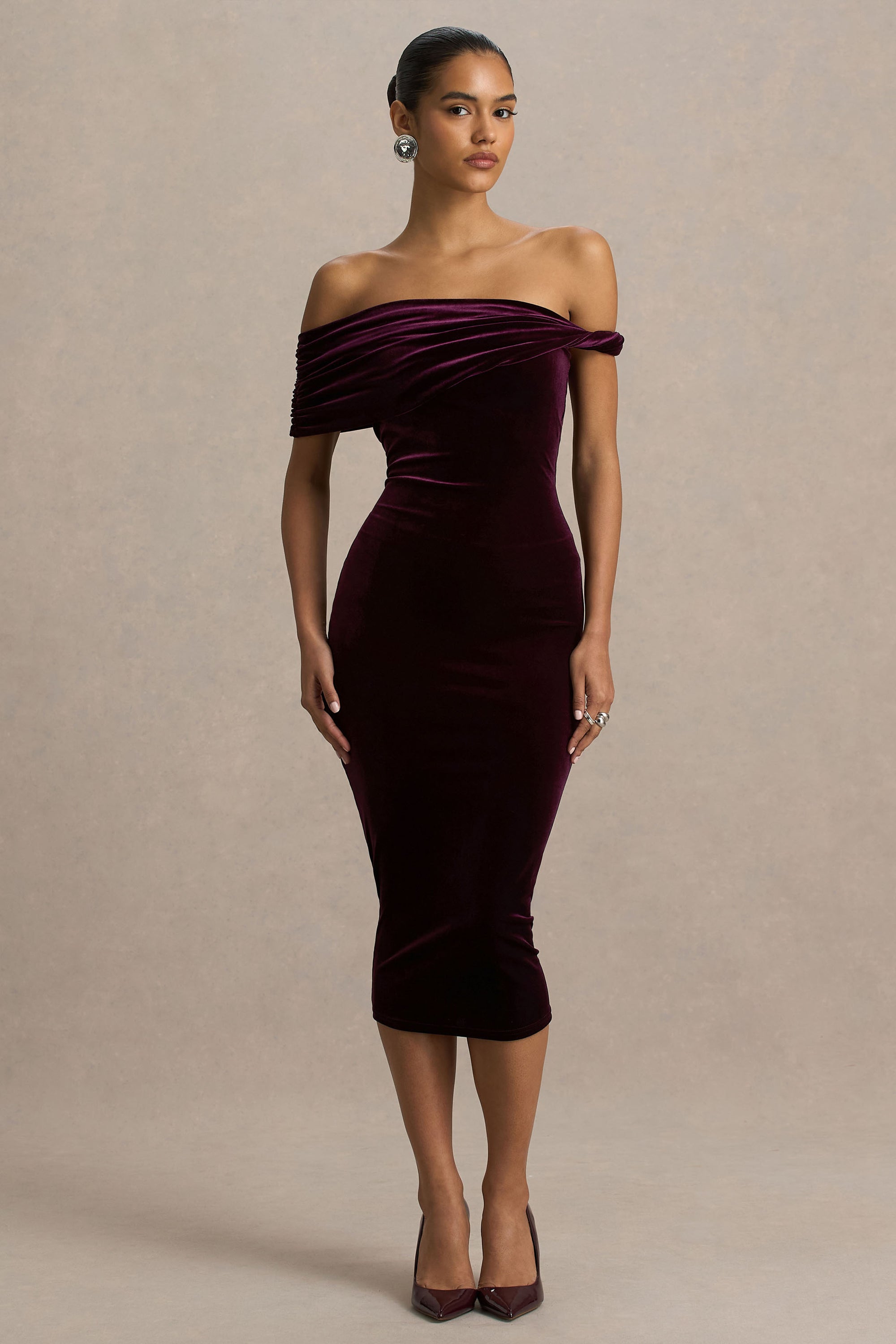 Billie Velvet Bardot Neck Midi Dress Twist Sleeve