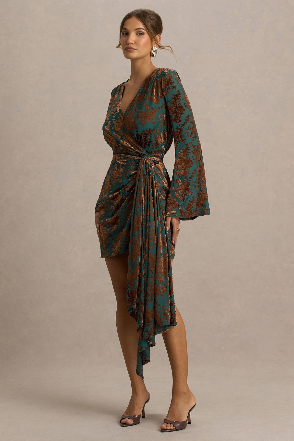 Dimitra Dark Green And Brown Velvet Devore Plunge-Neck Wrap Mini Dre Club L London - UK Dimitra Dark Green And Brown Velvet Devore Plunge-Neck Wrap Mini Dre Club L London - UK