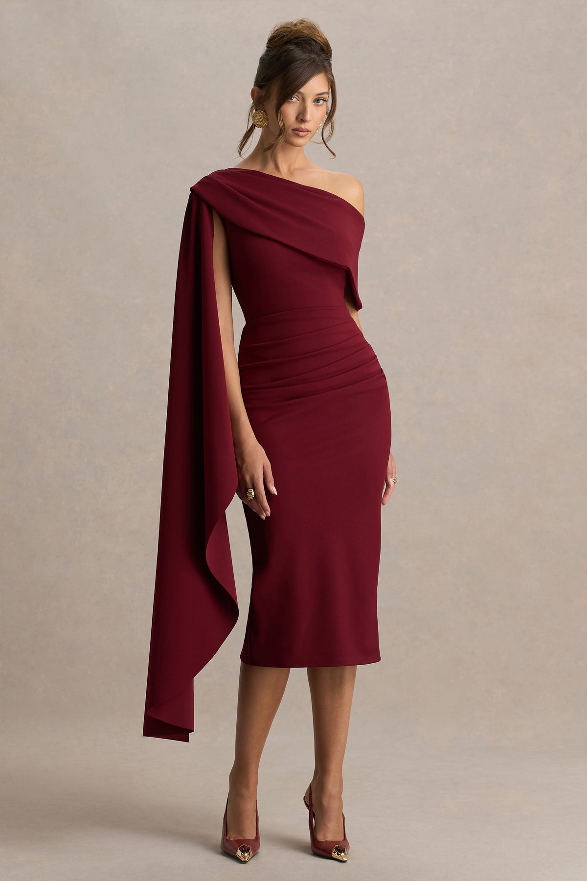 Leah Burgundy Asymmetric-Neck Midi Dress With Cape-Sleeve Club L London - UK Leah Burgundy Asymmetric-Neck Midi Dress With Cape-Sleeve Club L London - UK