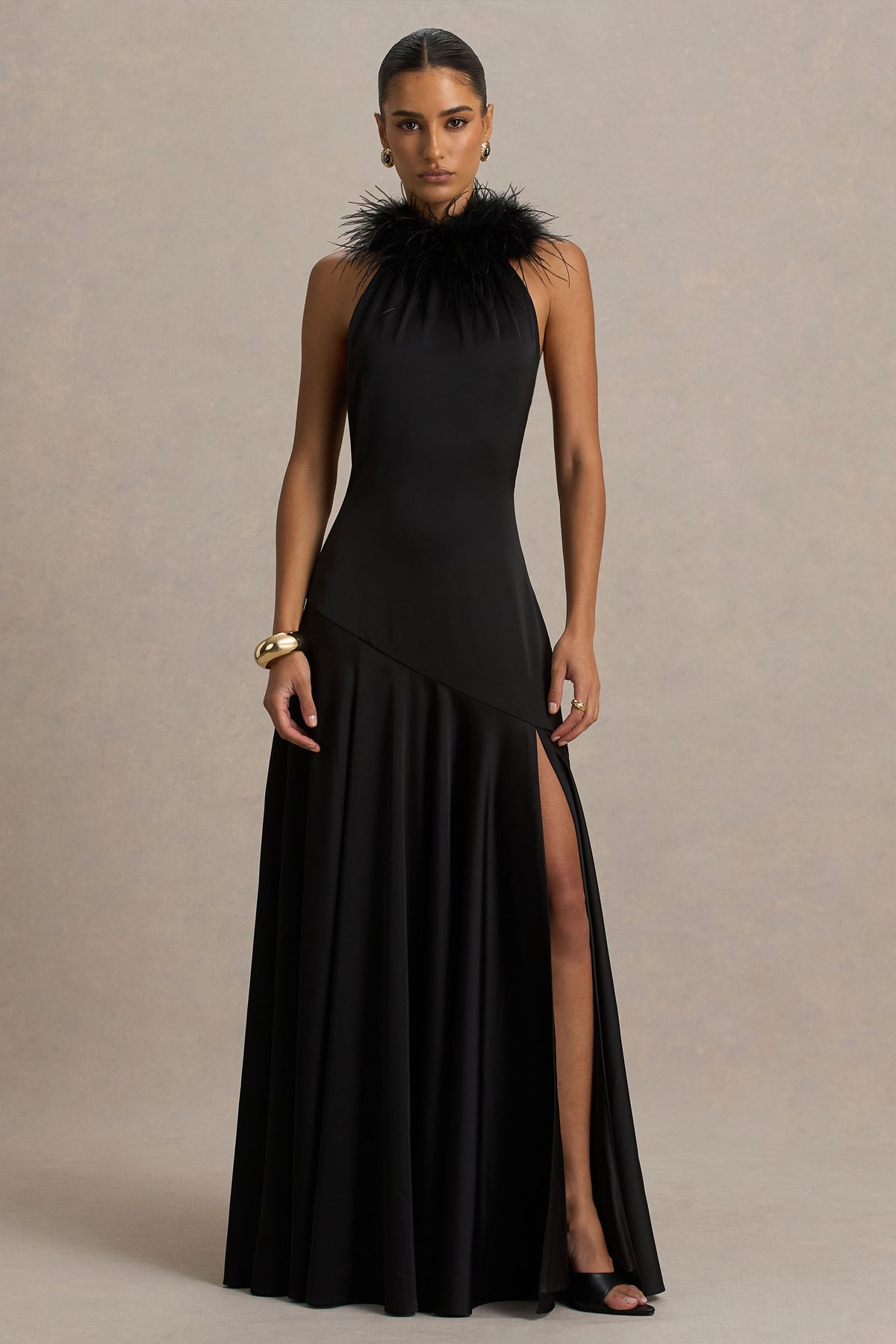Jemima Black Satin Halter-Neck Maxi Dress With Feather Trim – Club L London 