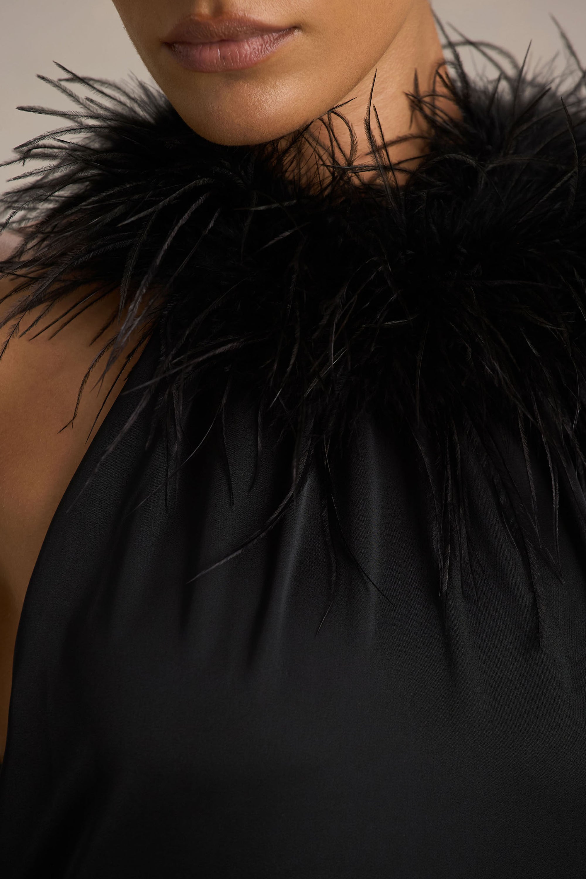 club london black feather dress Sequin Dress Feather Ruffle Dress One And Only Black Satin Feather Trim Bandeau Midi Dress Club L London USA