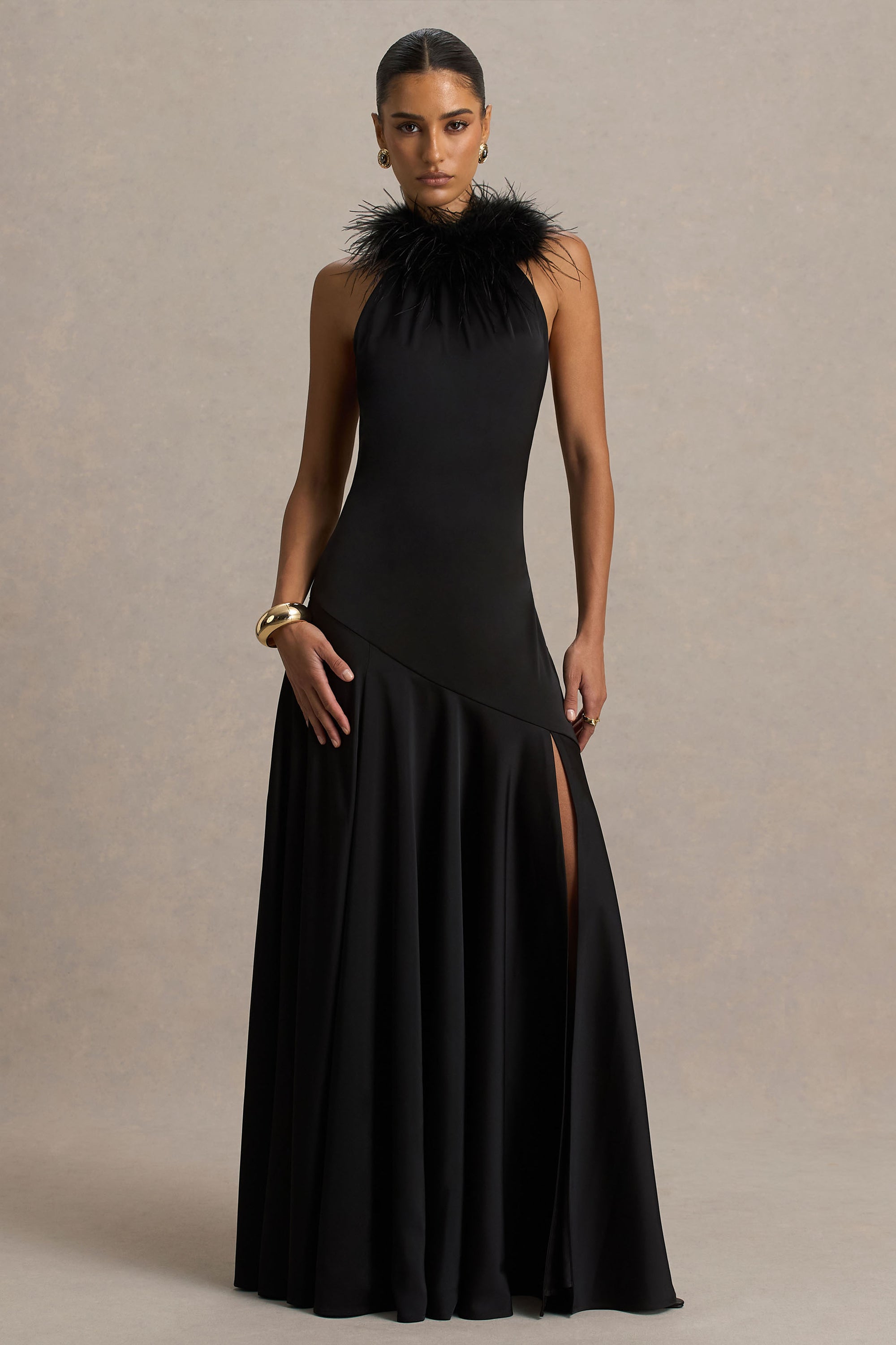 club london black feather dress Jemima | Black Satin Halter-Neck Maxi Dress With Feather Trim – Club L  London