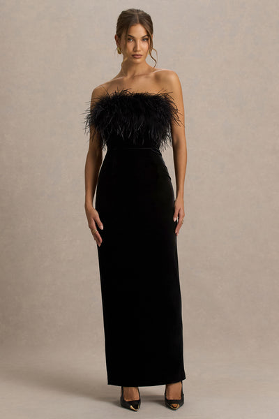 Arella Black Velvet Bandeau Maxi Dress With Feather Trim  Club L London -  UK