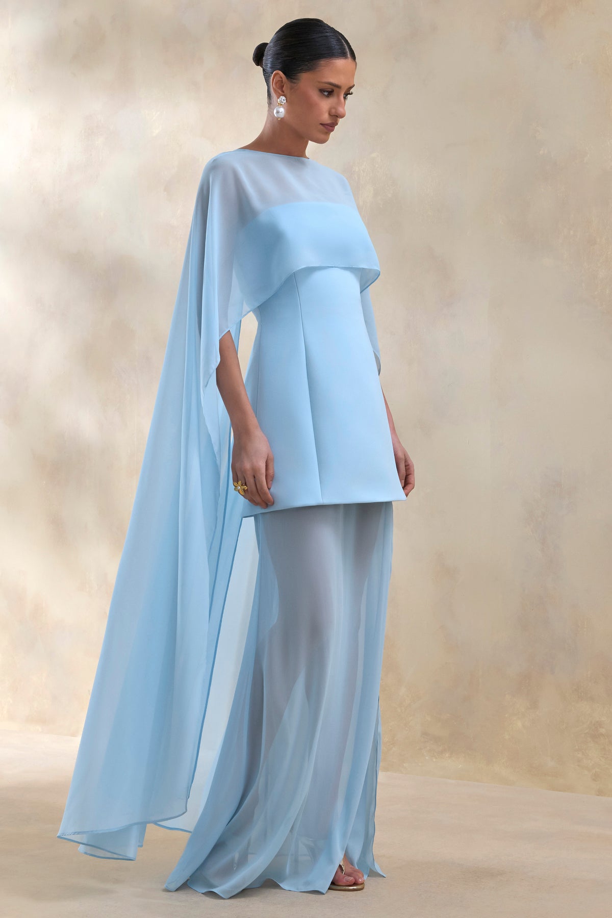 Chessa Powder Blue Boat-Neck Maxi Dress With Sheer Cape – Club L London