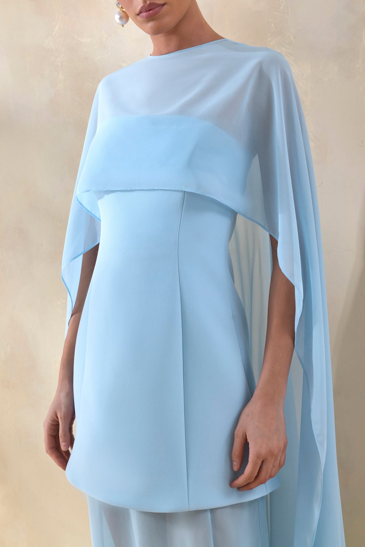 Chessa Powder Blue Boat-Neck Maxi Dress With Sheer Cape – Club L London