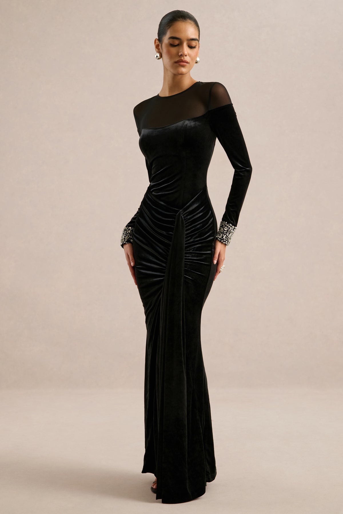 ECM_HR_CL136959002 - Perrin _ Black Velvet Crew-Neck Maxi Dress With Embellished Cuffs2.jpg