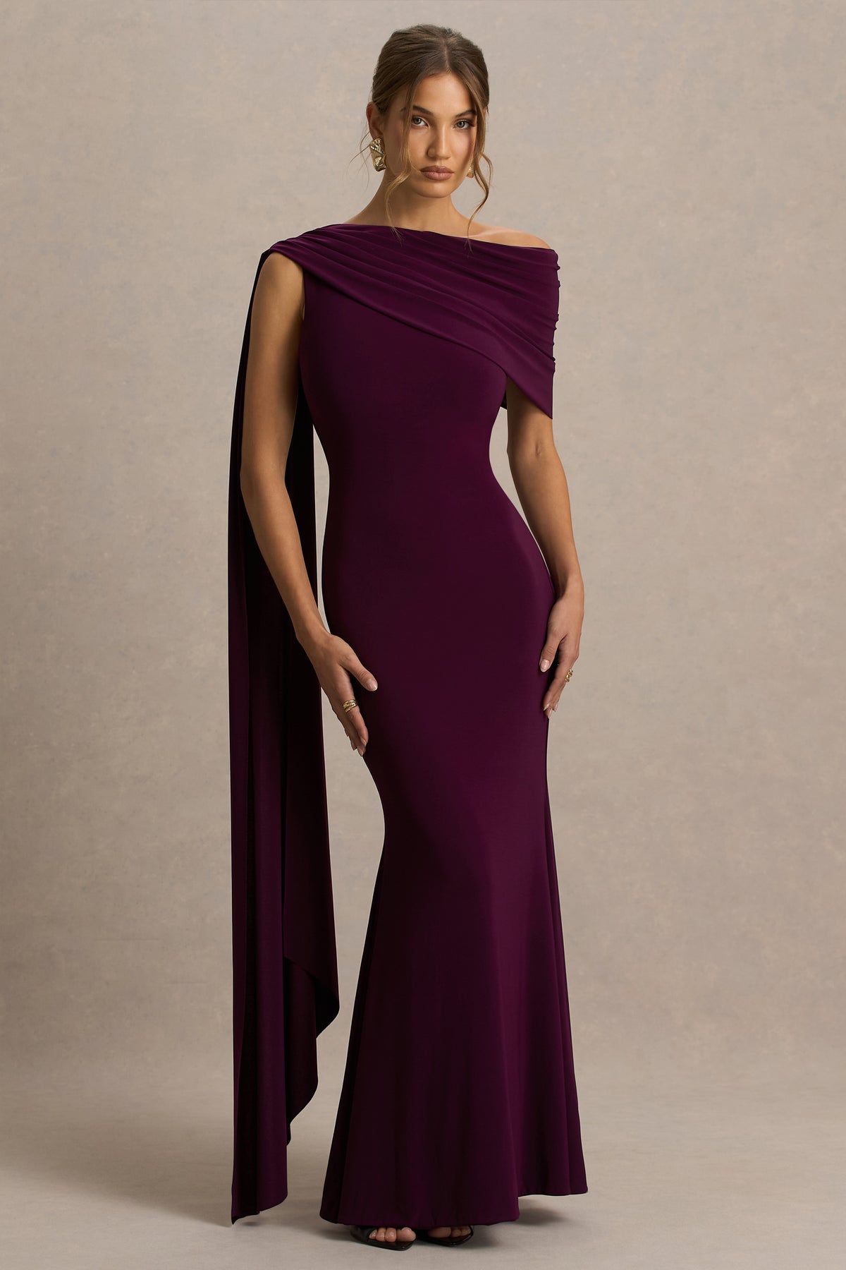 Tiana Dark Plum Asymmetric-Neck Maxi Dress With Draped Detail Club L London - UK Tiana Dark Plum Asymmetric-Neck Maxi Dress With Draped Detail Club L London - UK