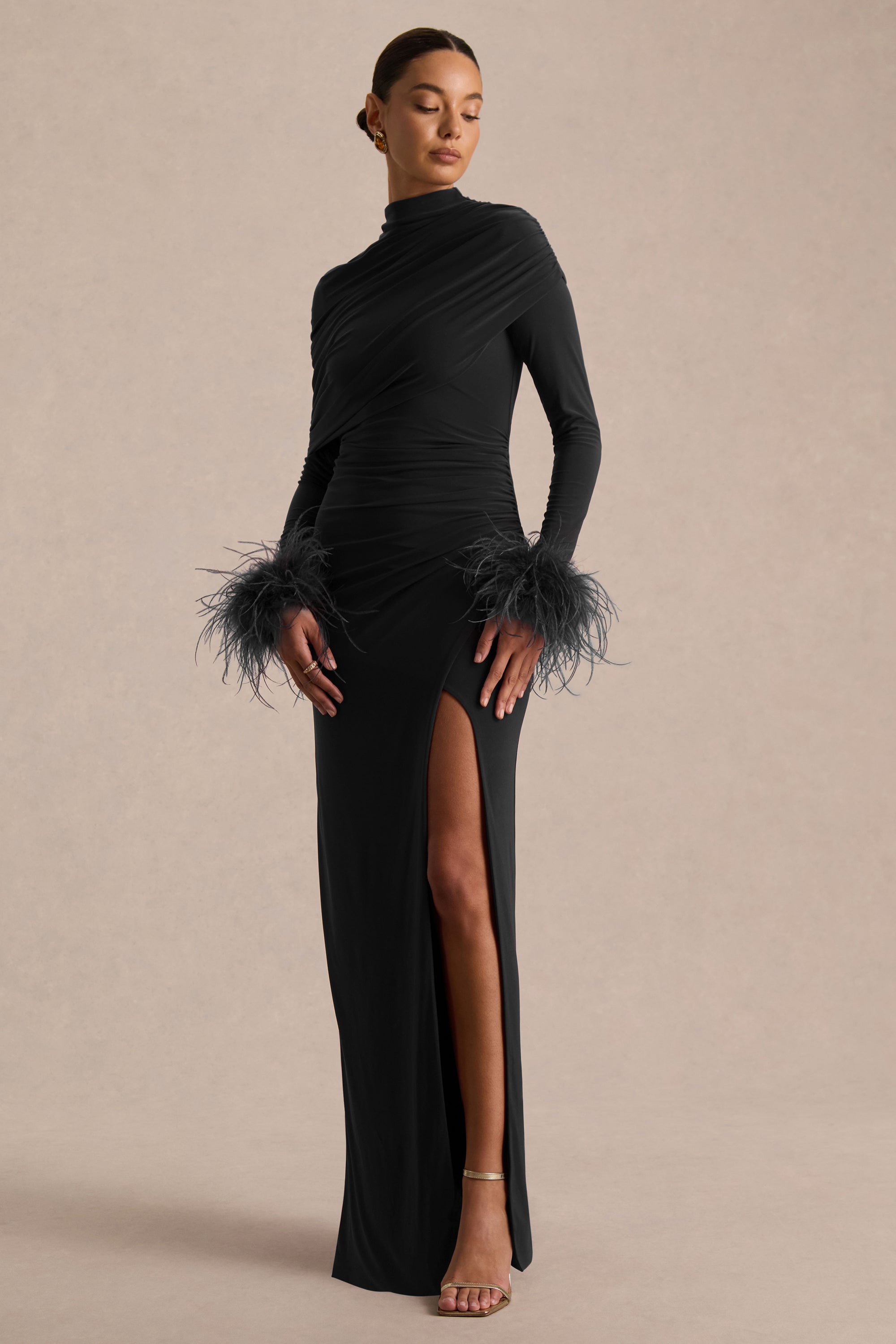 ECM_HR_CL136990001---Gatsby-_-Black-High-Neck-Maxi-Dress-With-Feather-Trim-Cuffs_01.jpg