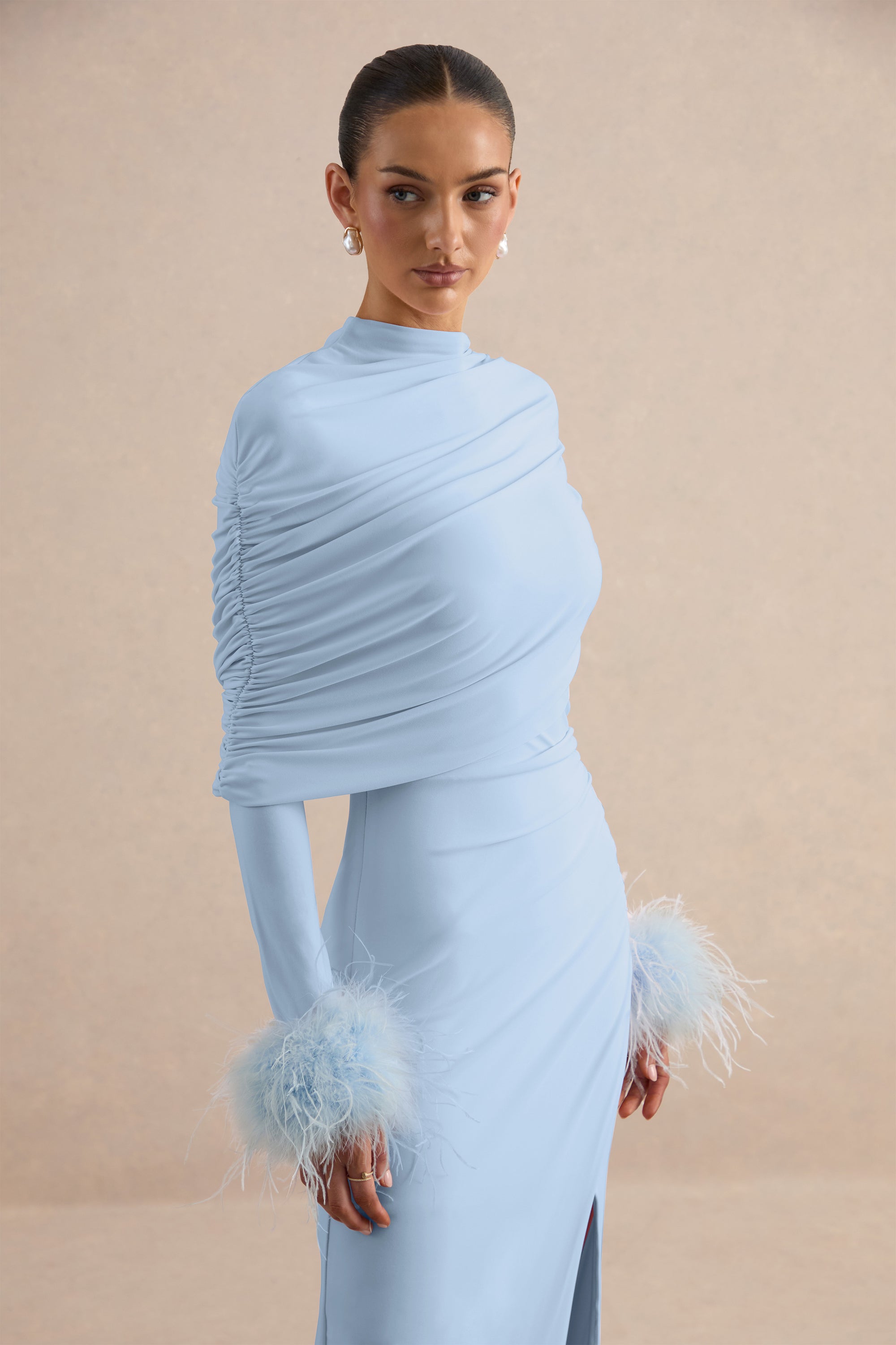 CL136990013  - Gatsby | Light Blue High-Neck Maxi Dress With Feather Trim Cuffs + CL138534013 - Gatsby | Light Blue Feather Trim Cuffs 5.jpg