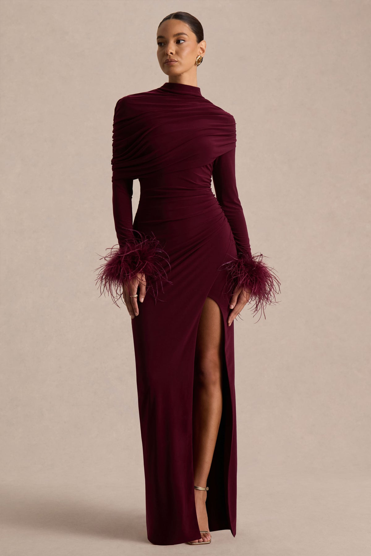 Gatsby Burgundy High-Neck Maxi Dress With Feather Trim Cuffs Club L London - UK Gatsby Burgundy High-Neck Maxi Dress With Feather Trim Cuffs Club L London - UK