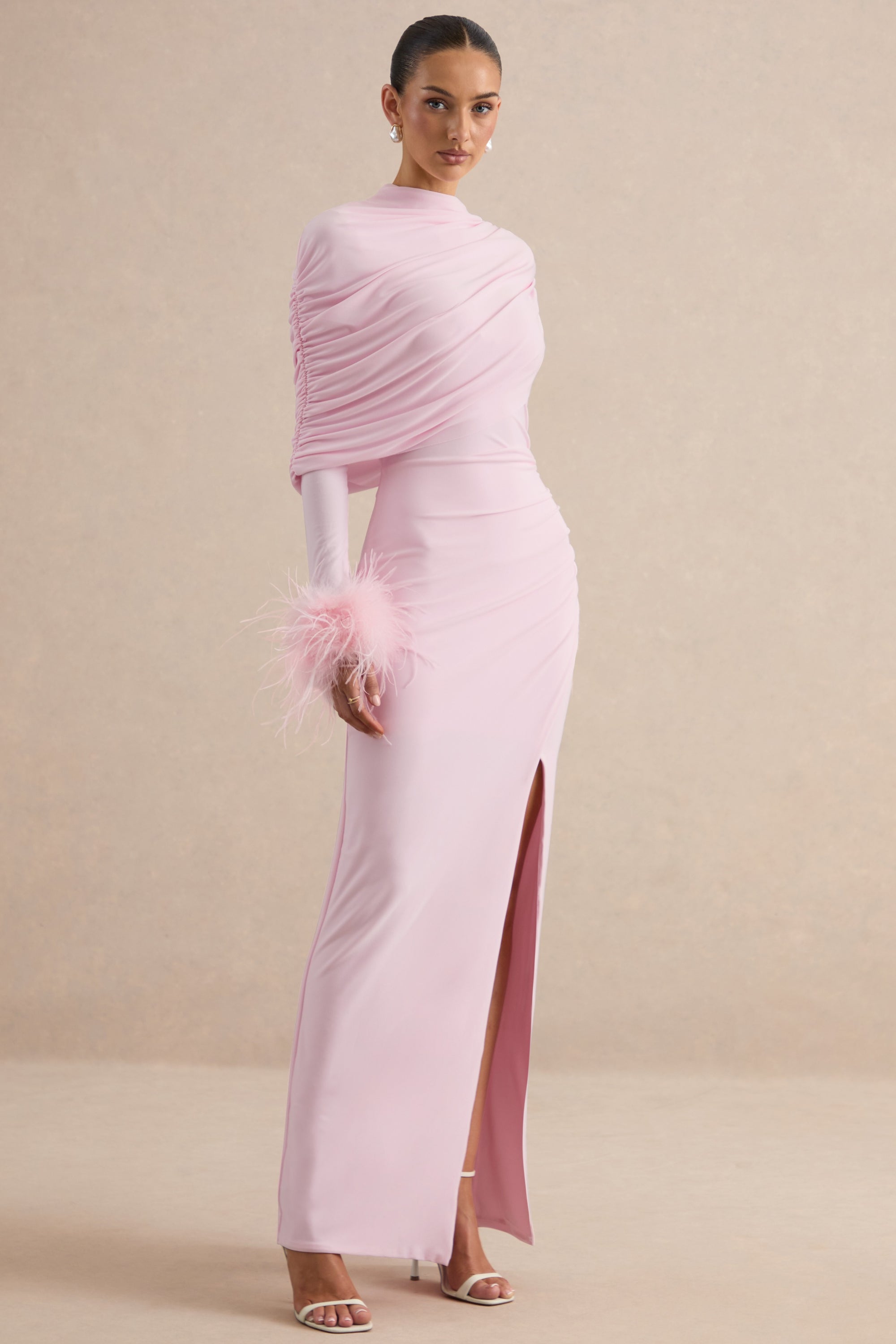 ECM_HR_CL136990081 - Gatsby | Light Pink High-Neck Maxi Dress With Feather Trim Cuffs + CL138534081 - Gatsby | Light Pink Feather Trim Cuffs 2.jpg