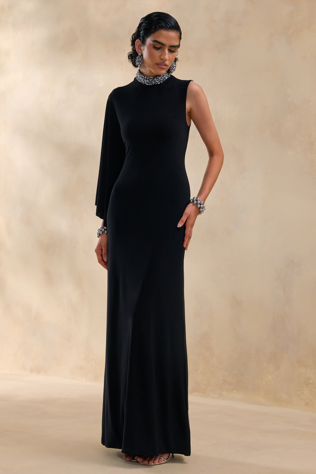 Oriana Black Embellished High-Neck Maxi Dress With One-Cape Sleeve