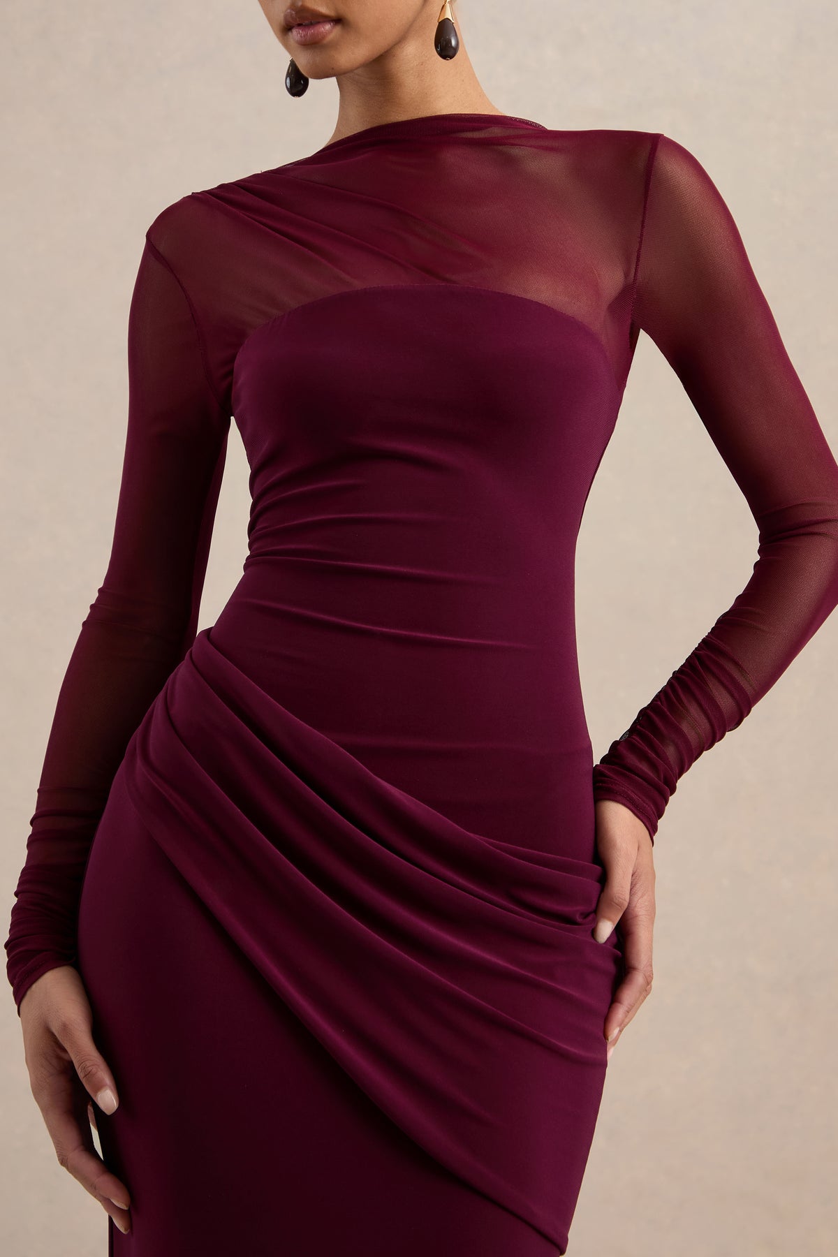 ECM_HR_CL136998102 Deema | Burgundy Jersey High Neck Long Sleeve Maxi Dress With Ruching (4).jpg