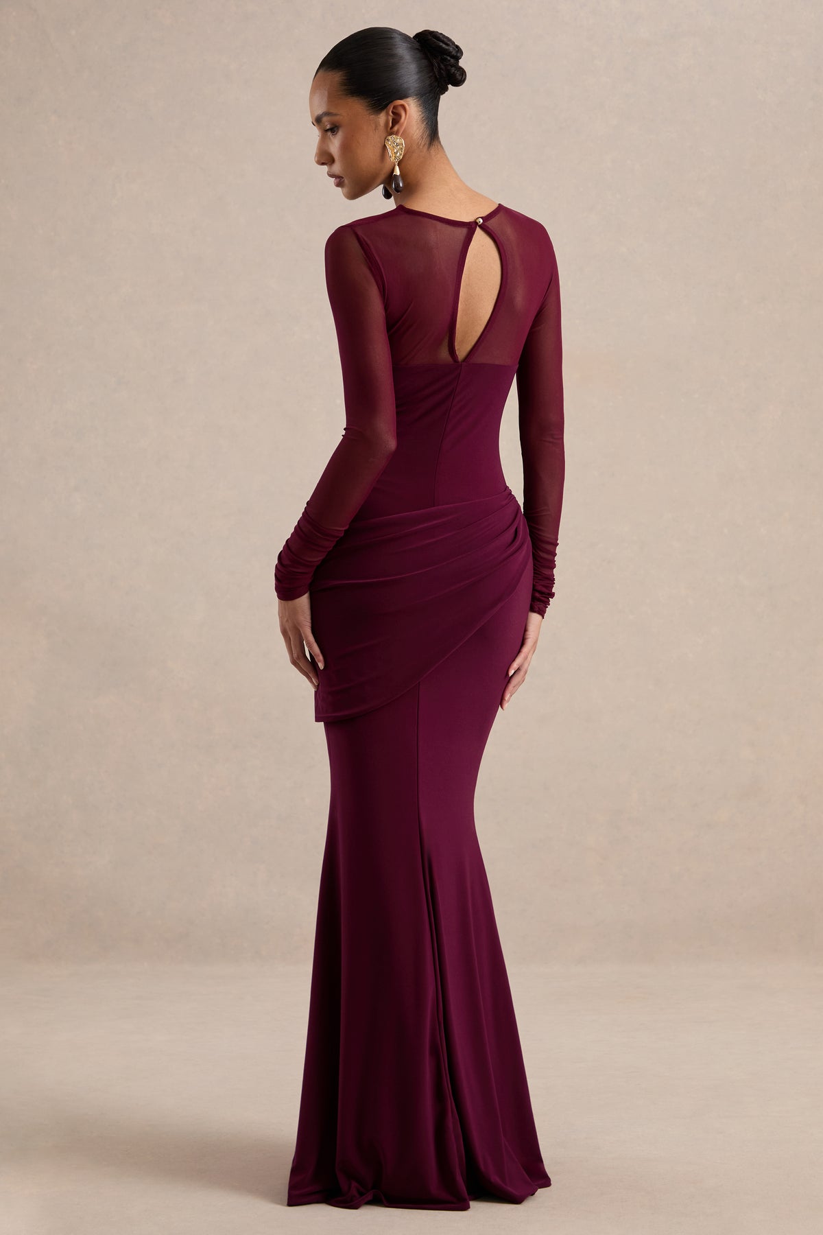 ECM_HR_CL136998102 Deema | Burgundy Jersey High Neck Long Sleeve Maxi Dress With Ruching (5).jpg