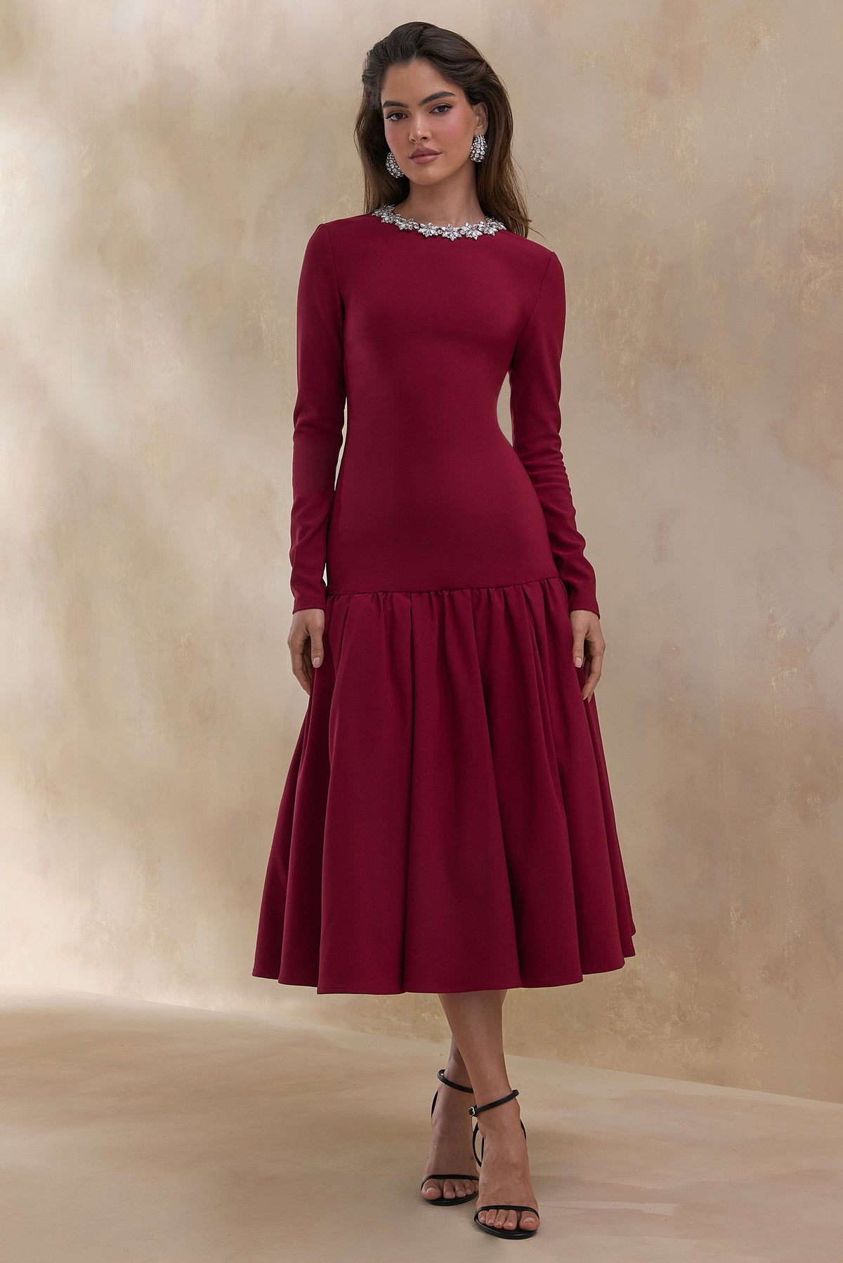 ECM_HR_CL137003069 Jovana _ Burgundy Embellished Crew-Neck Midi Dress With Drop Waist 1.jpg