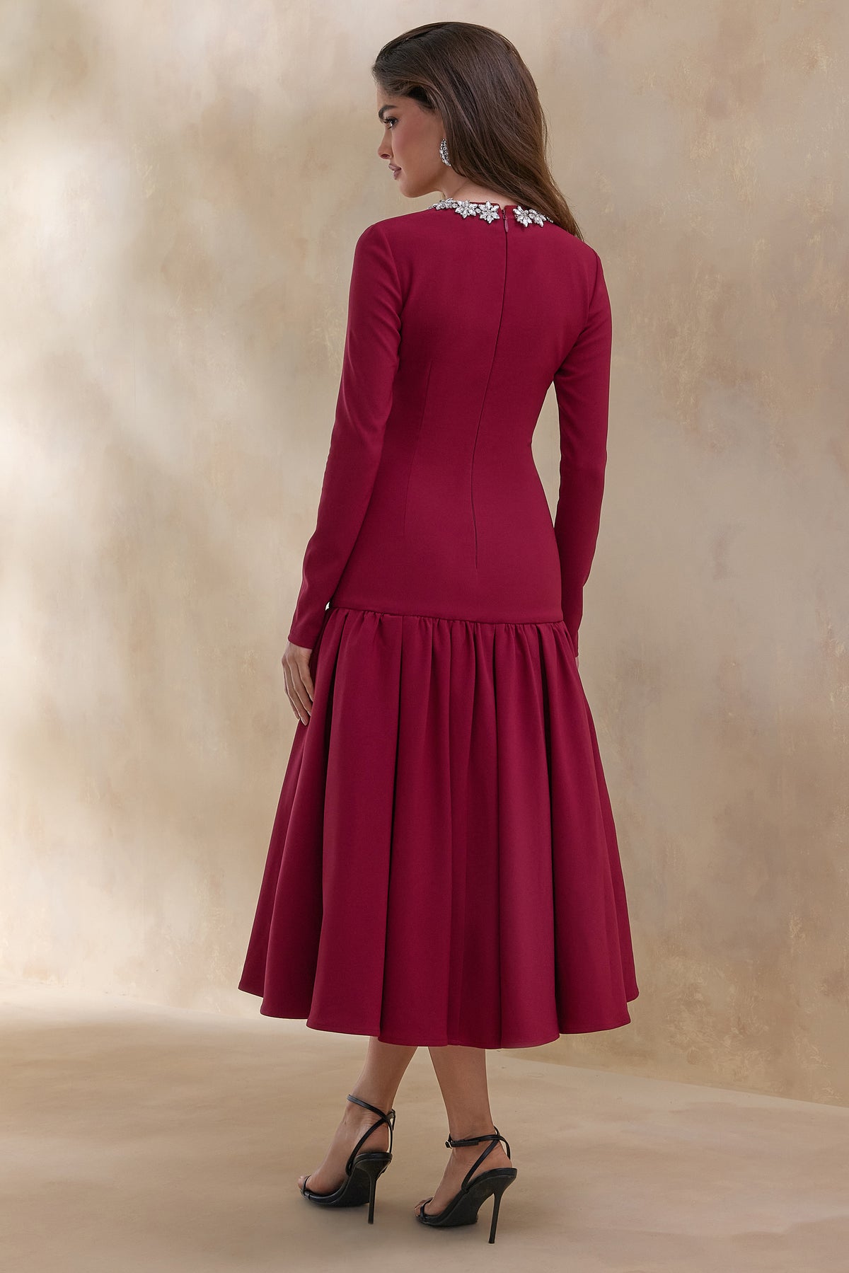 ECM_HR_CL137003069 Jovana _ Burgundy Embellished Crew-Neck Midi Dress With Drop Waist 4.jpg