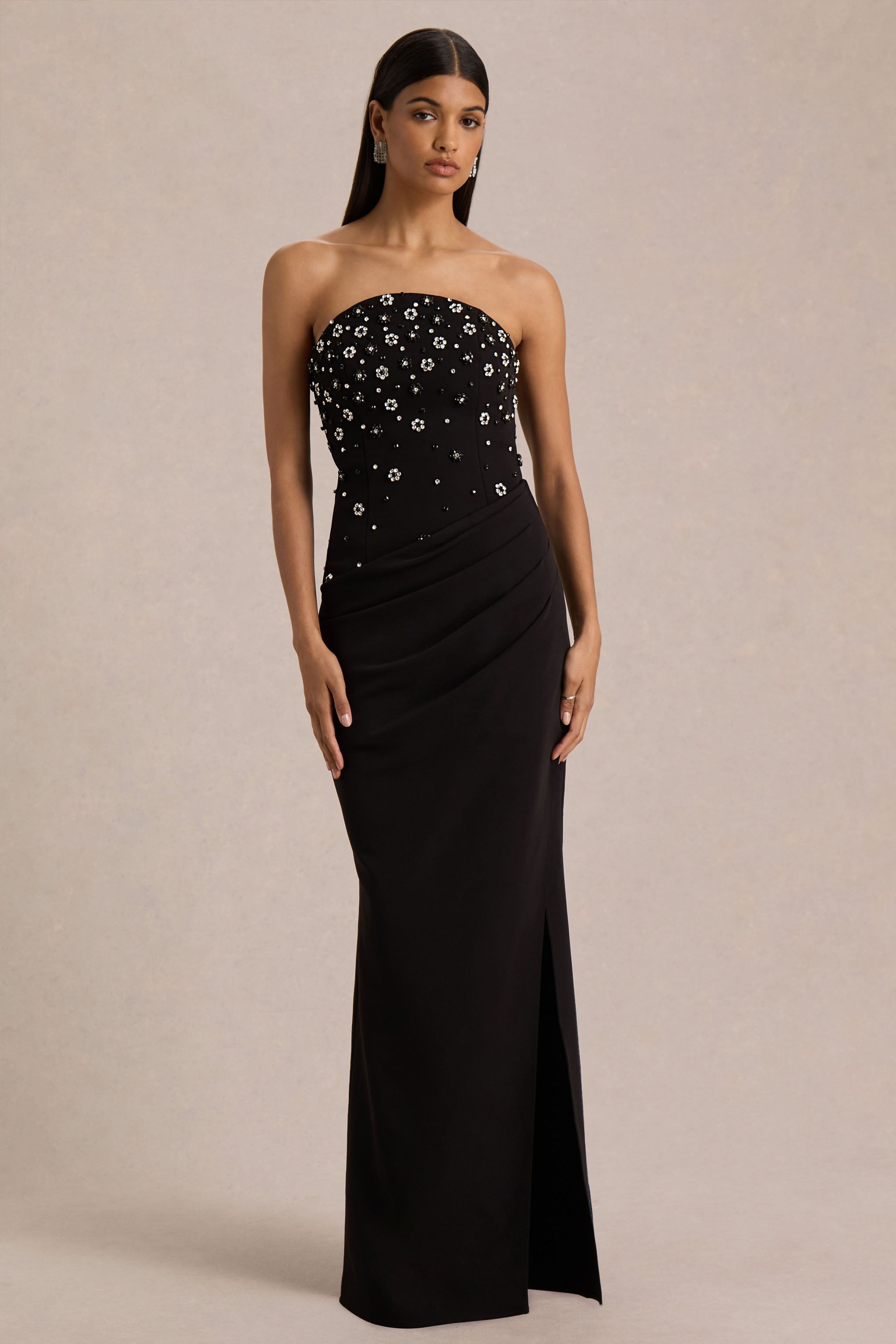 Saphira | Black Hand-Embellished Bandeau-Neck Maxi Dress – Club L