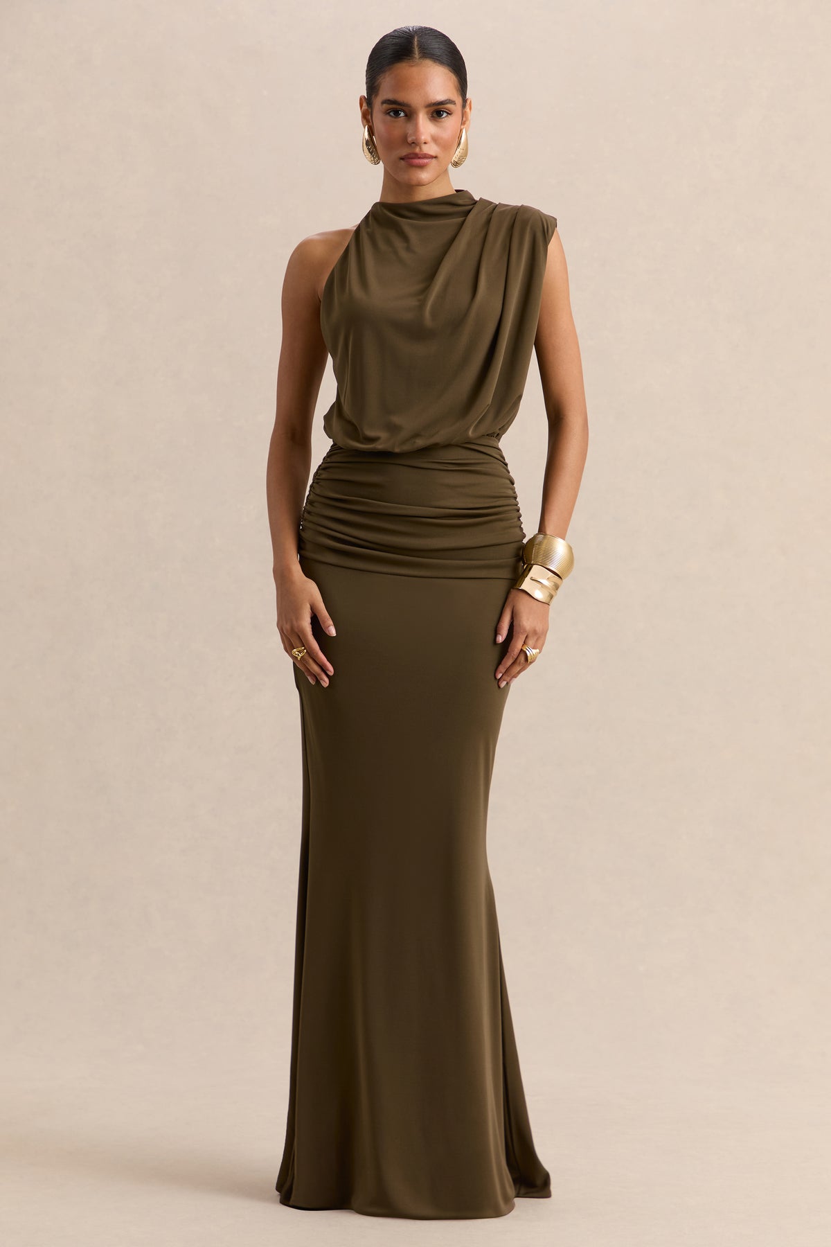khaki maxi dress uk Umaira Khaki High-Neck Maxi Dress – Club L London