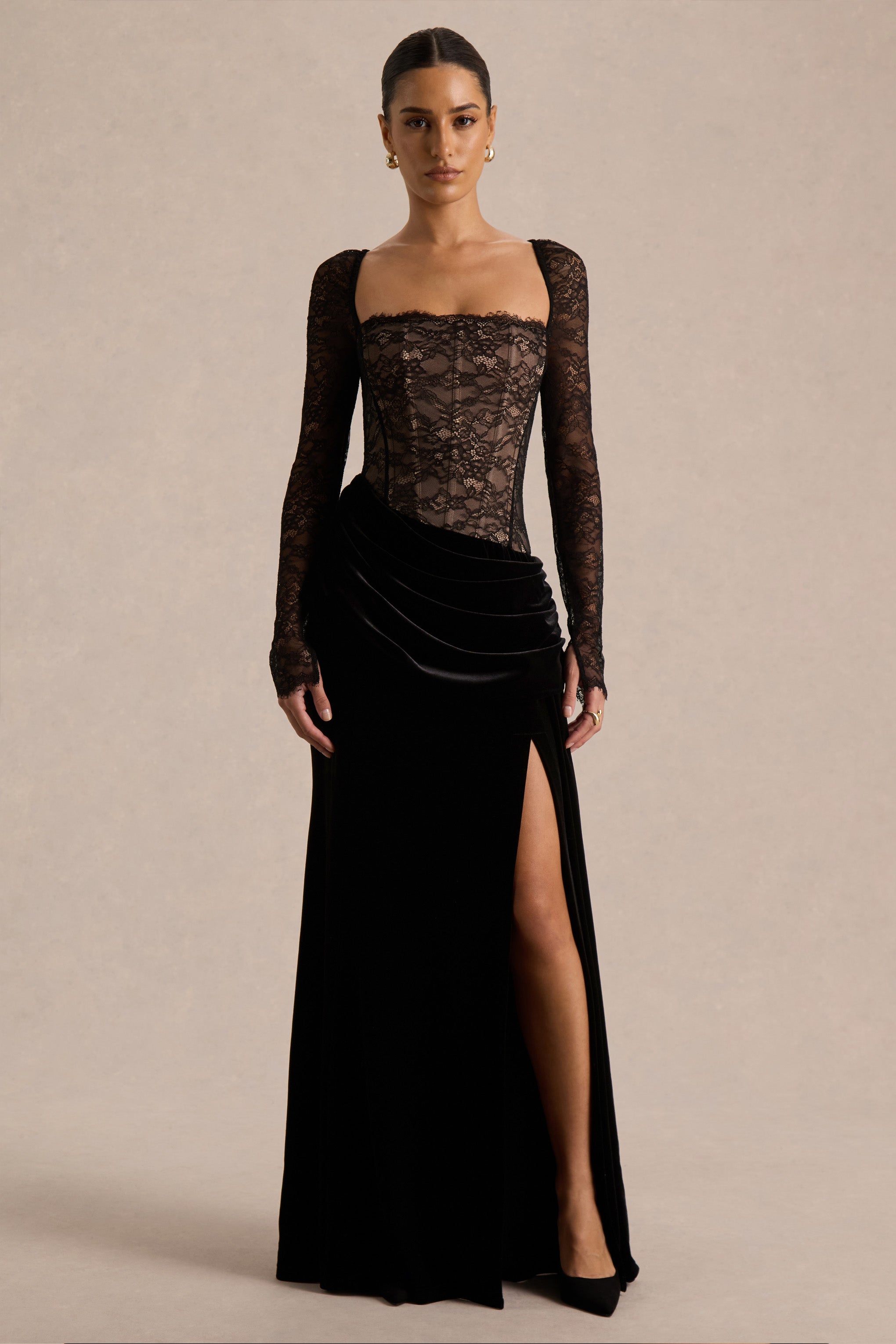 Finesse | Black Lace And Velvet Square-Neck Maxi Dress With Draped