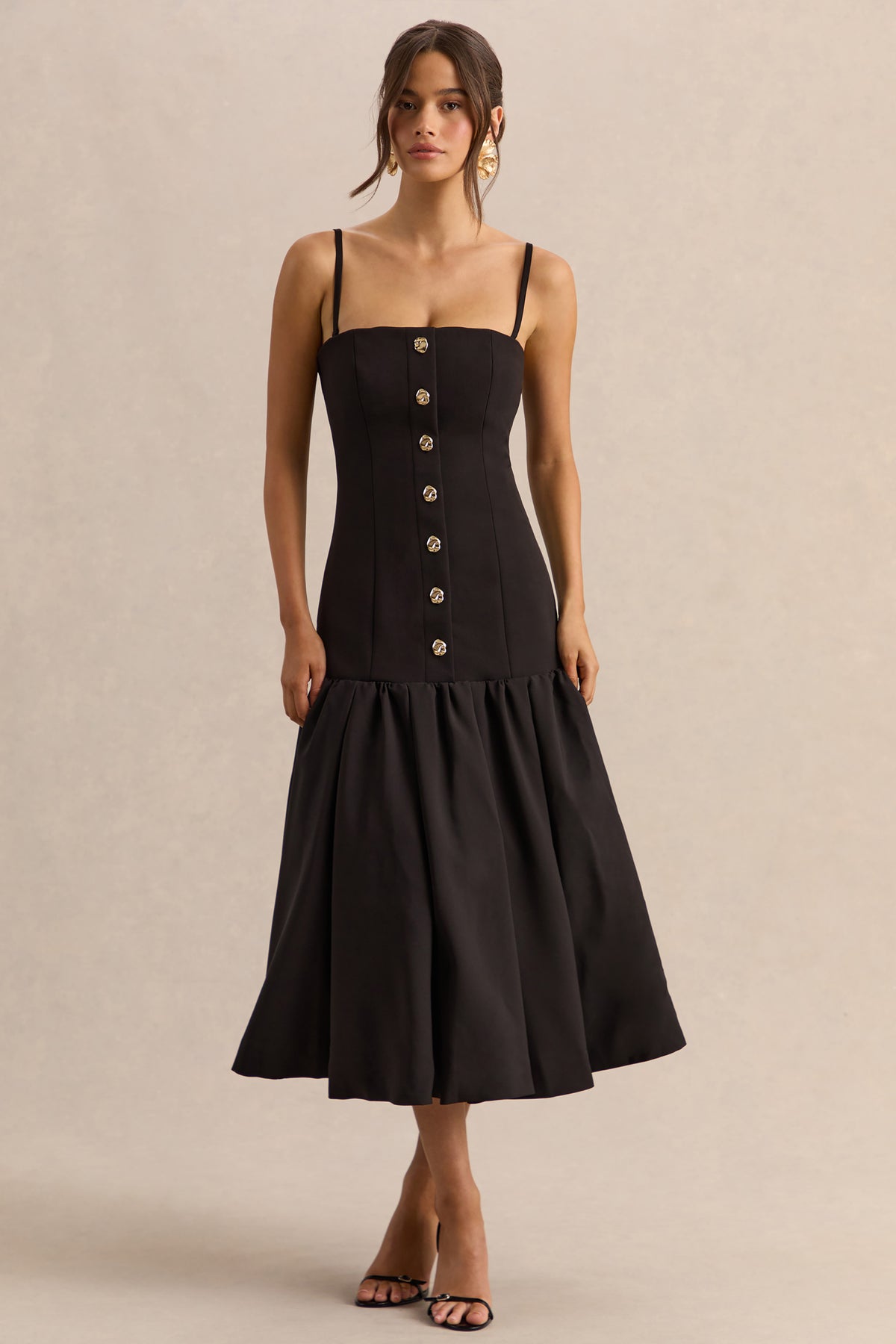 Briella Bandeau Midi Dress Gold Button Detailing
