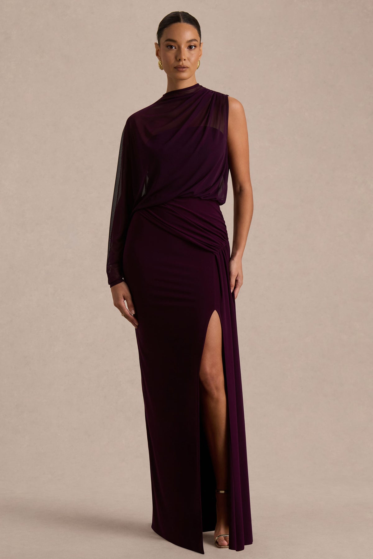 Aurelia Dark High Neck Wrapped Maxi Dress One Cape Sleeve