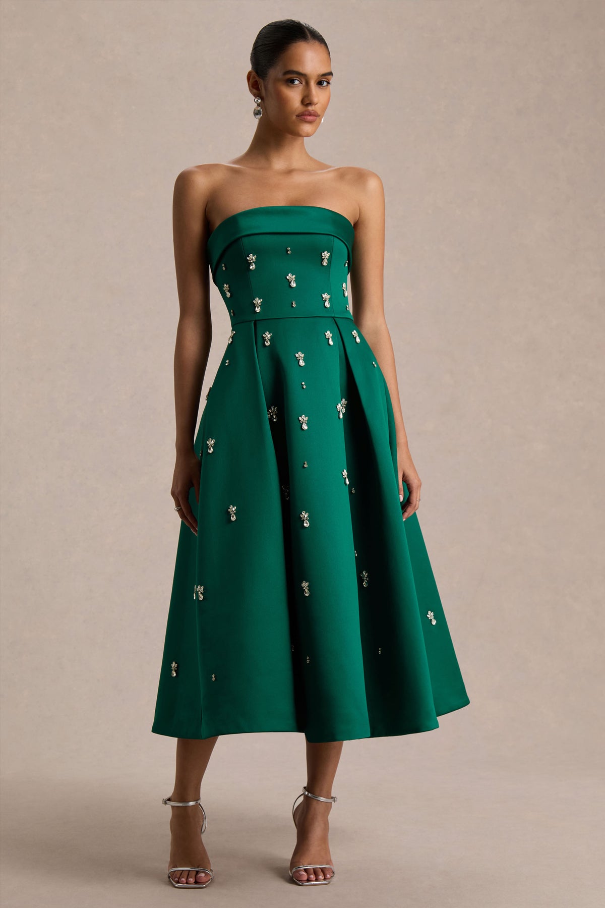Sylvette Dark Green Satin Embellished Bandeau Skater Midi Dress Club L London - UK Sylvette Dark Green Satin Embellished Bandeau Skater Midi Dress Club L London - UK