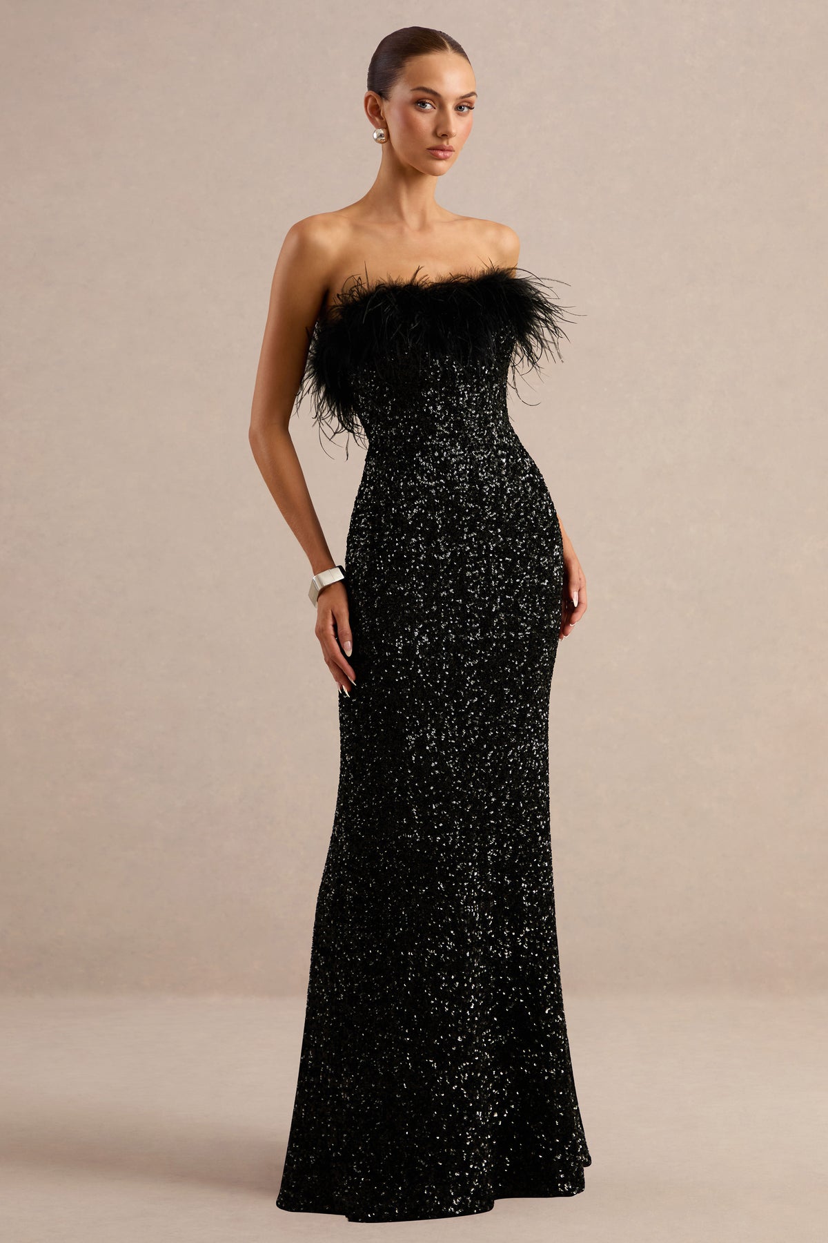 black sequin dress with feathers Daze | Bandeau Maxi Feather-Trim – Club L London jun2025mds Long Cool Woman in accented by sparkling black Size:C