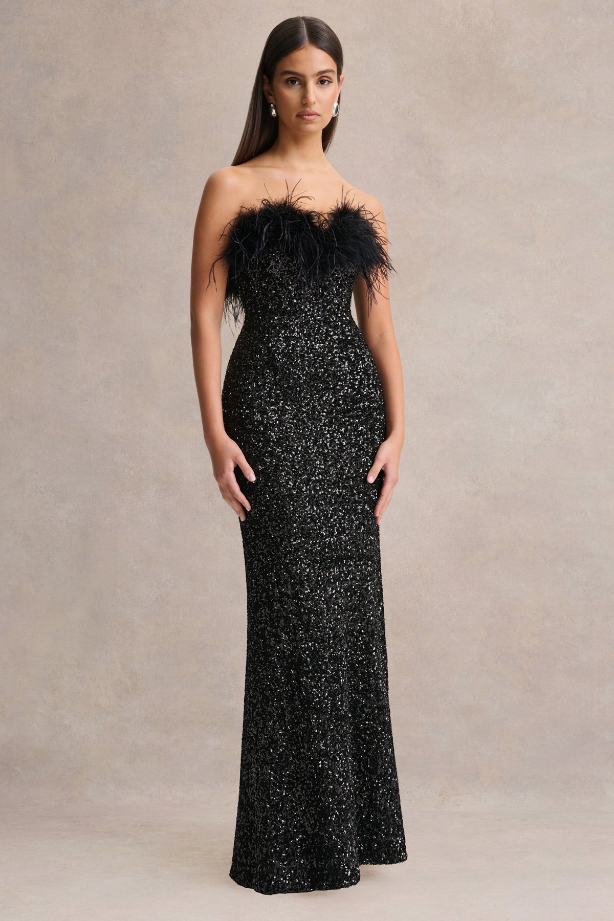Daze Black Sequin Bandeau Maxi Dress With Feather-Trim – Club L London
