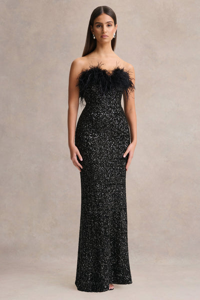 Daze Black Sequin Bandeau Maxi Dress With Feather-Trim Club L London - UK Daze Black Sequin Bandeau Maxi Dress With Feather-Trim Club L London - UK