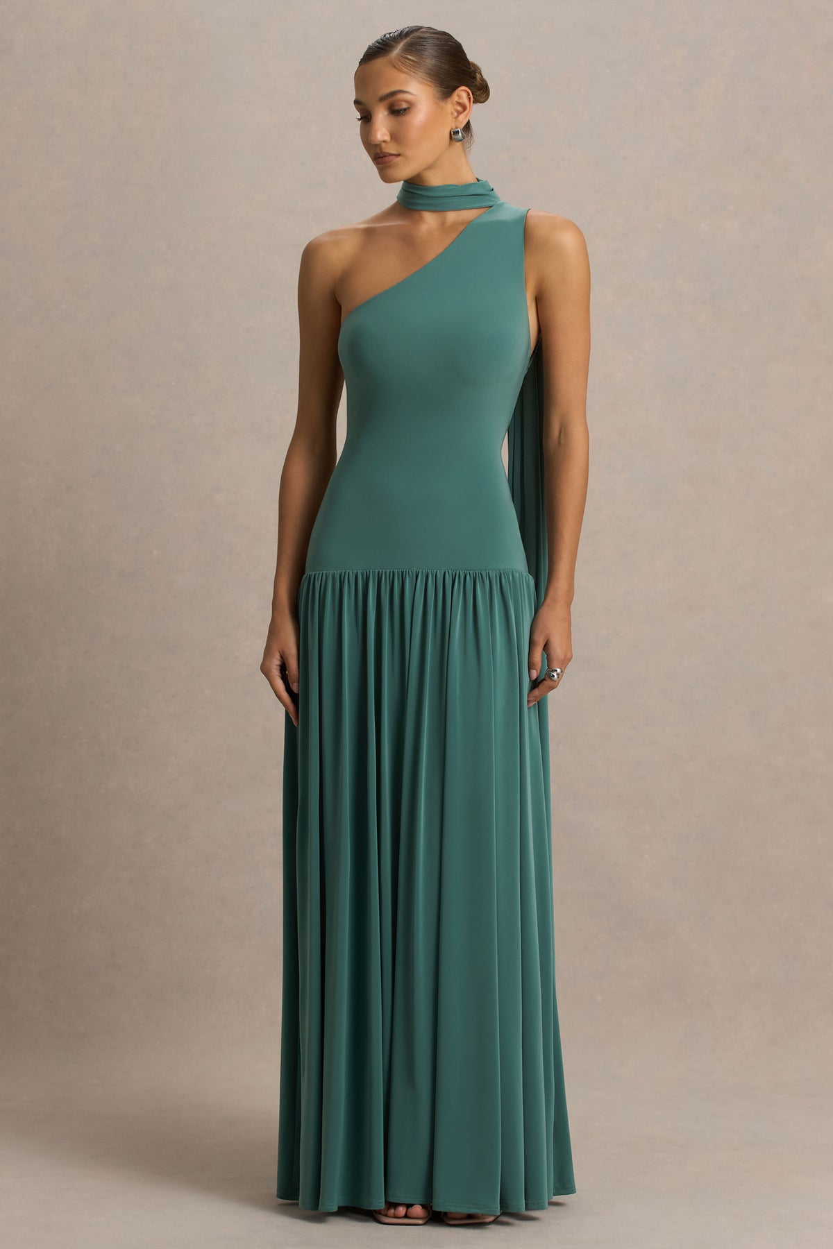 Freesia Teal Asymmetric-Neck Maxi Dress With Scarf-Detail  Club L London -  UK