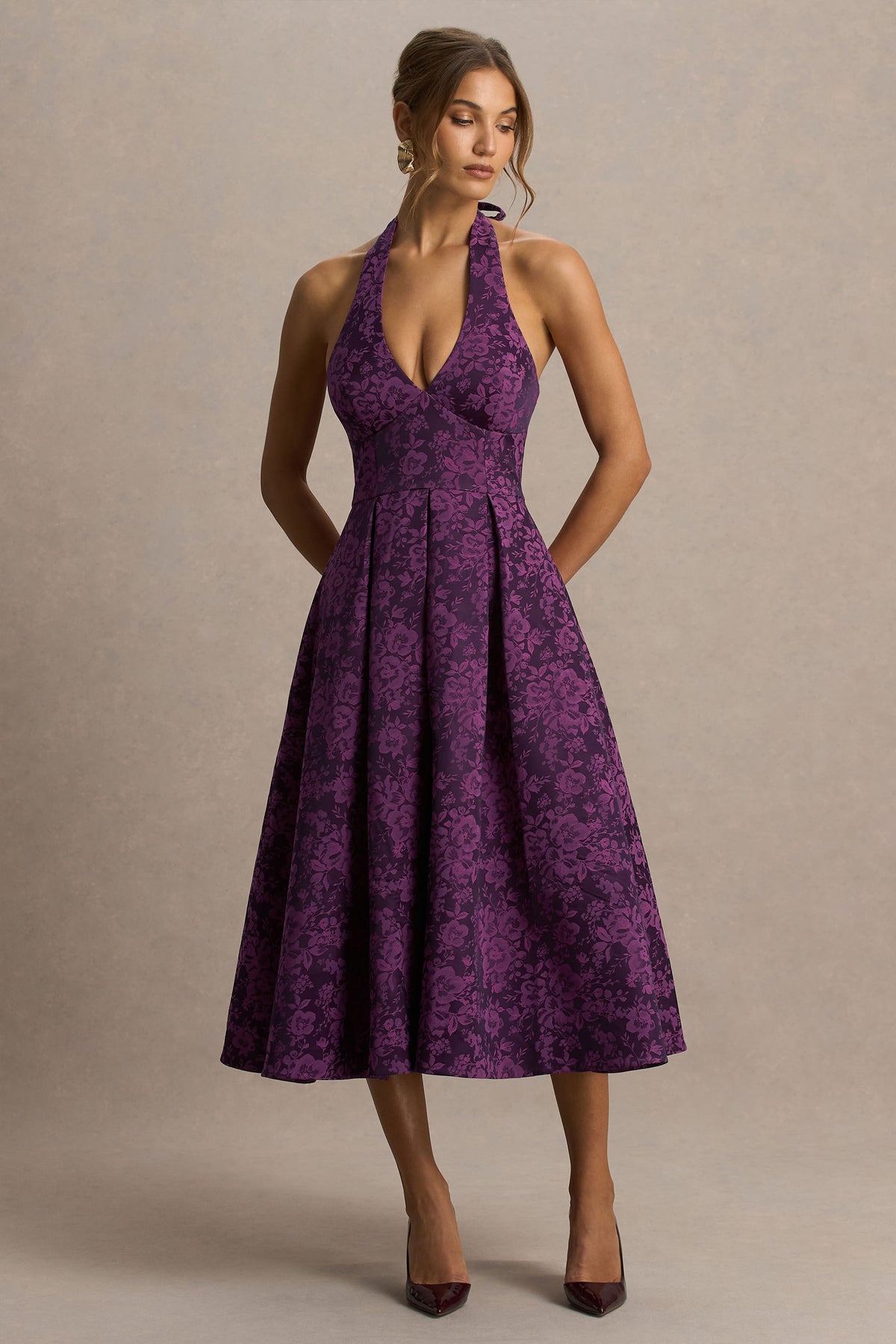 Isabeau Purple Satin Plunge-Neck Midi Dress