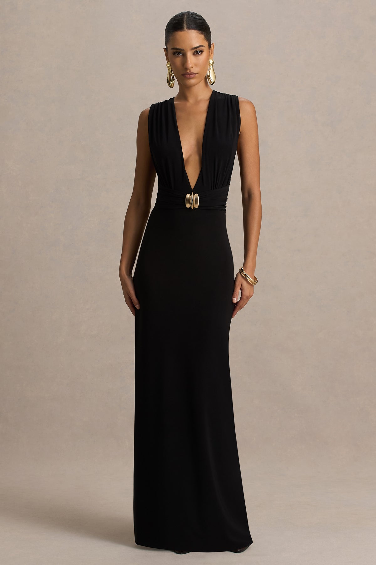 sachin and babi light blue dress Alena Black Extreme-Plunge Neck Maxi Dress With Gold Detail – Club L London