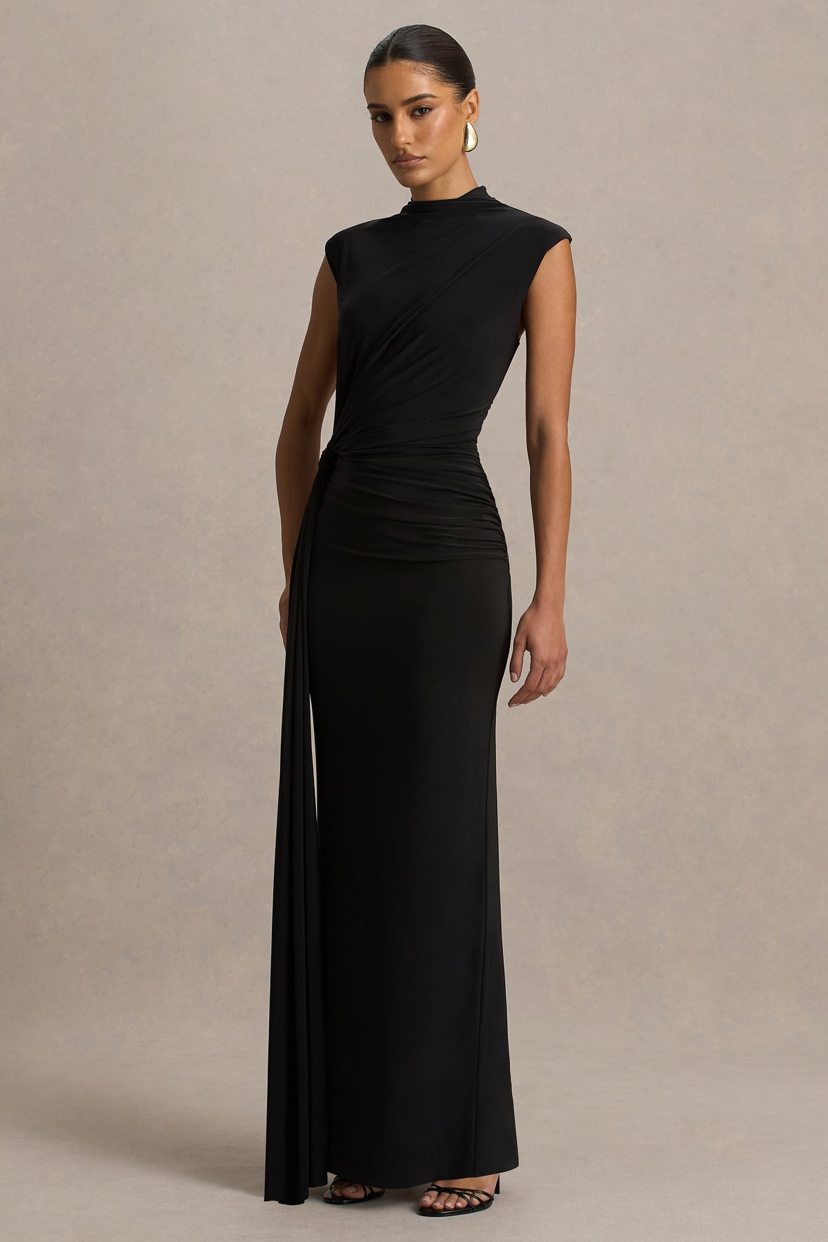 Solene Black High-Neck Maxi Dress With Wrap And Drape Detail Club L London - UK Solene Black High-Neck Maxi Dress With Wrap And Drape Detail Club L London - UK