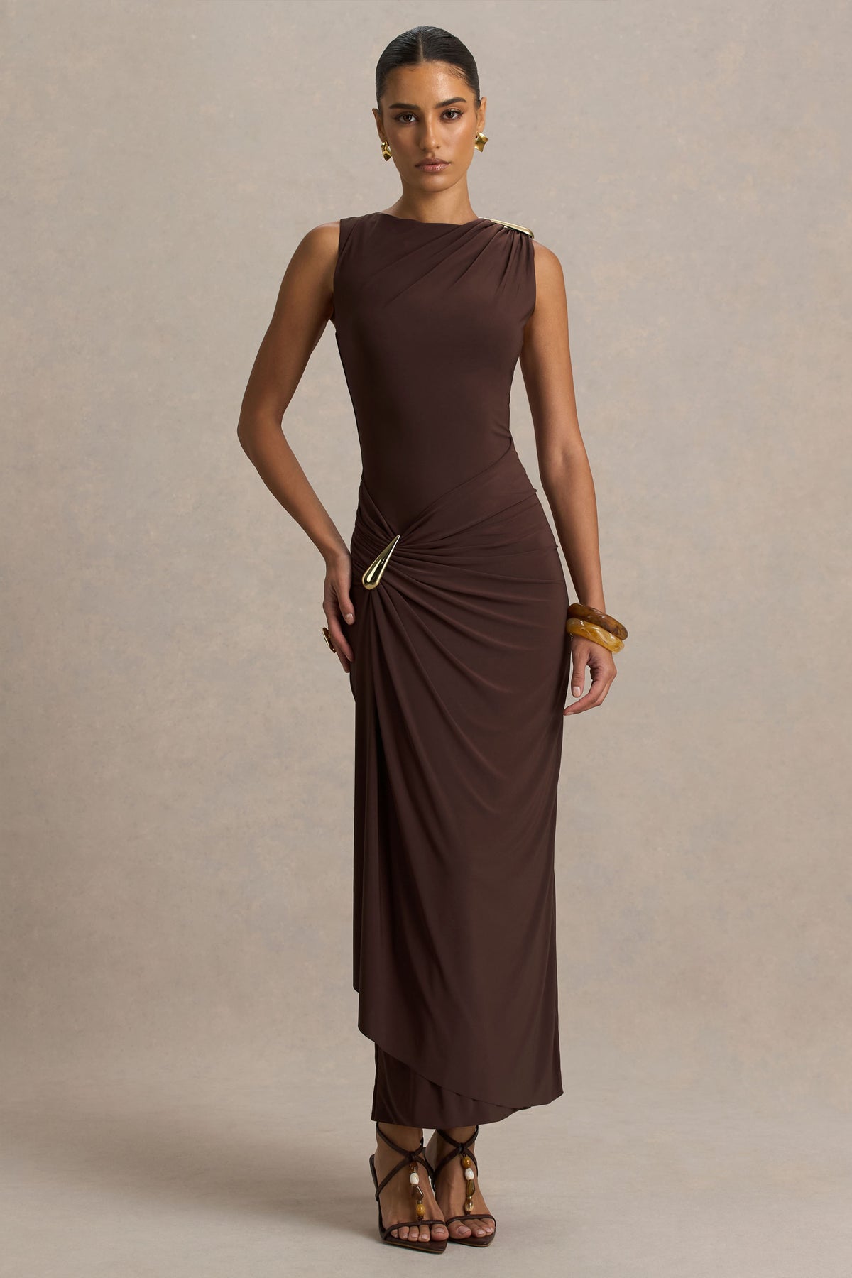 Fiora Brown Wide-Neck Maxi Dress With Gathered Detail Club L London - UK Fiora Brown Wide-Neck Maxi Dress With Gathered Detail Club L London - UK