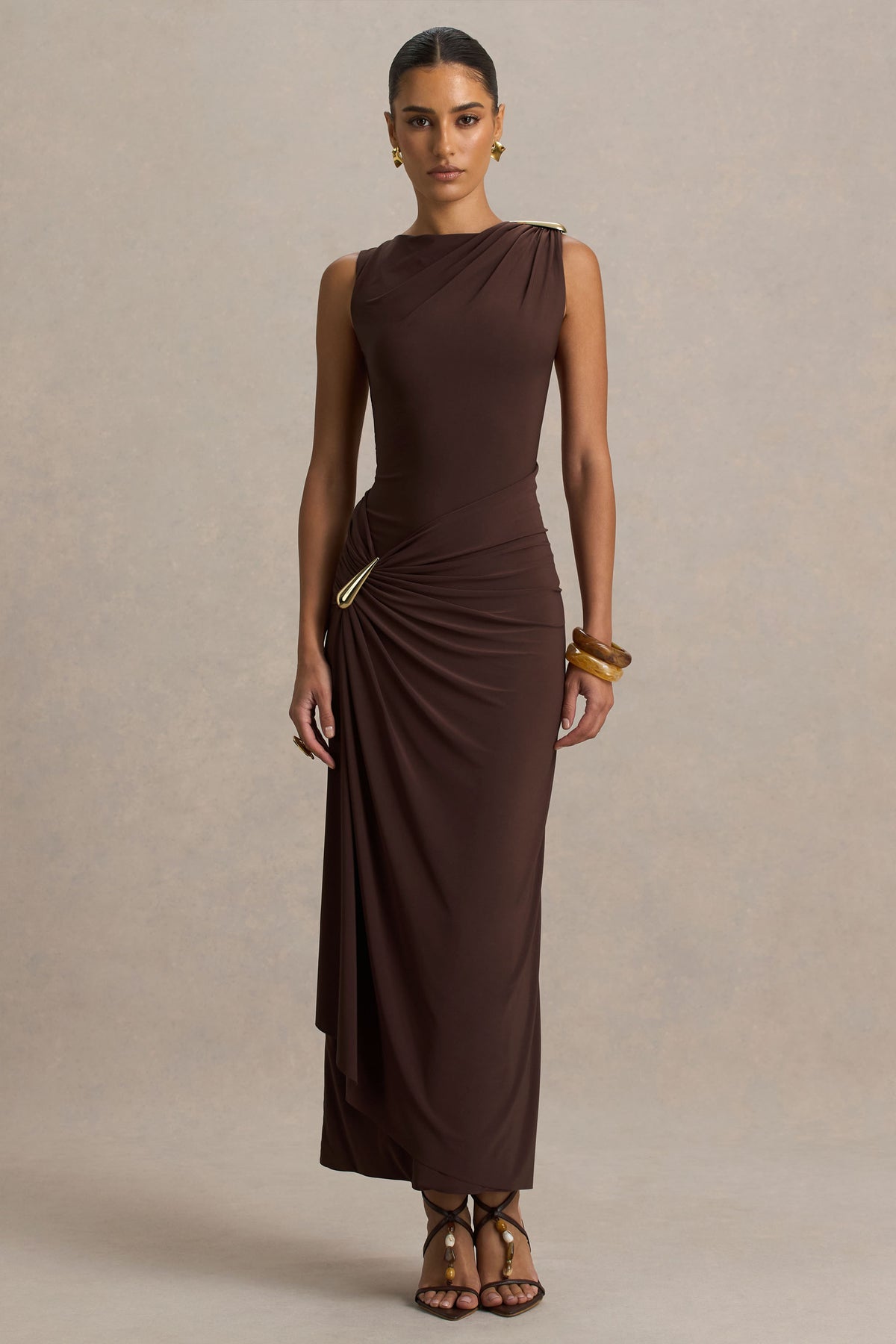 Fiora Brown Wide-Neck Maxi Dress With Gathered Detail Club L London - UK Fiora Brown Wide-Neck Maxi Dress With Gathered Detail Club L London - UK