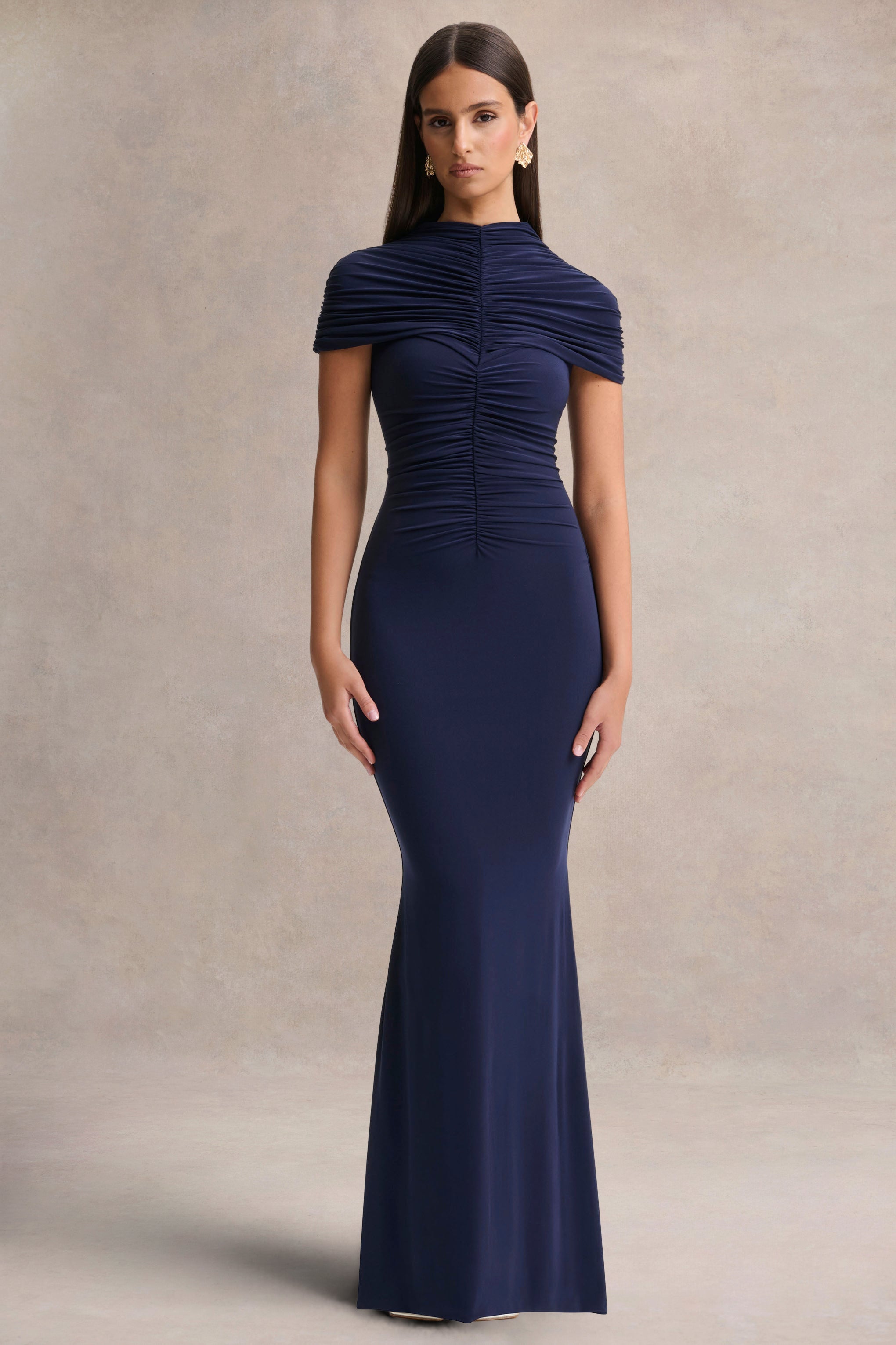  clubhaus anticountryclub ネイビー Azaria | Navy High-Neck Maxi Dress With Ruched Detailing – Club L