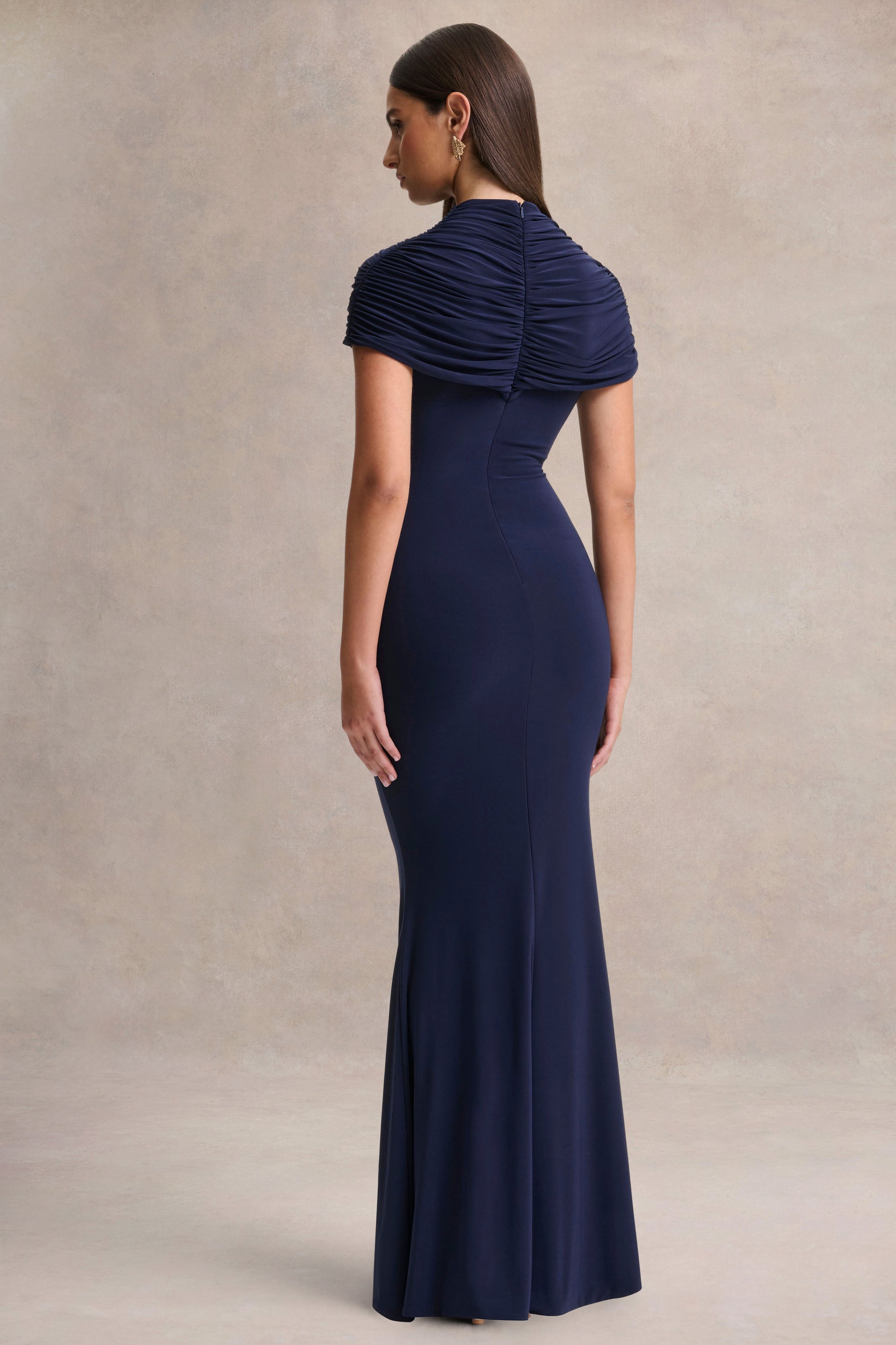 Azaria | Navy High-Neck Maxi Dress With Ruched Detailing – Club L