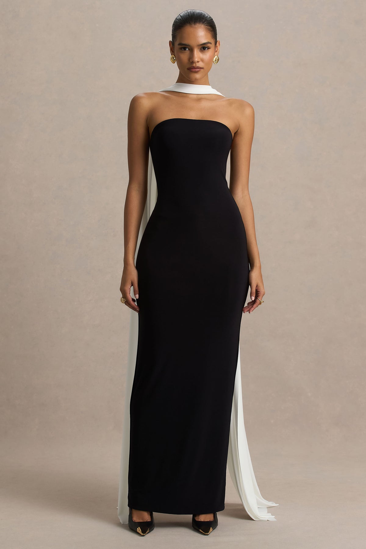 Kelilah Black And White Bandeau Maxi Dress With Scarf Detail Club L London - UK Kelilah Black And White Bandeau Maxi Dress With Scarf Detail Club L London - UK